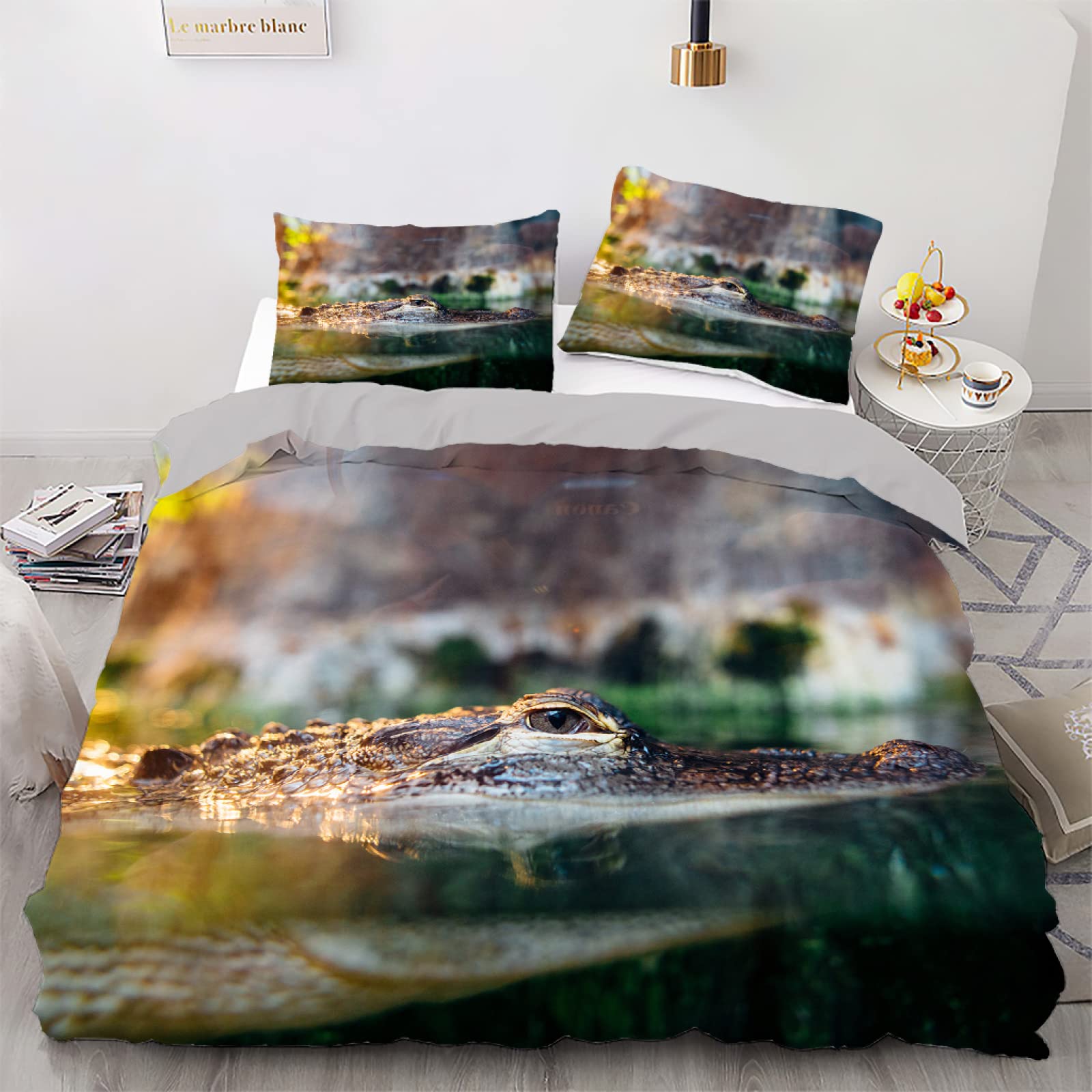 Housse de couette 160x200 vert croco en microfibre douce avec 2 taies d'oreiller