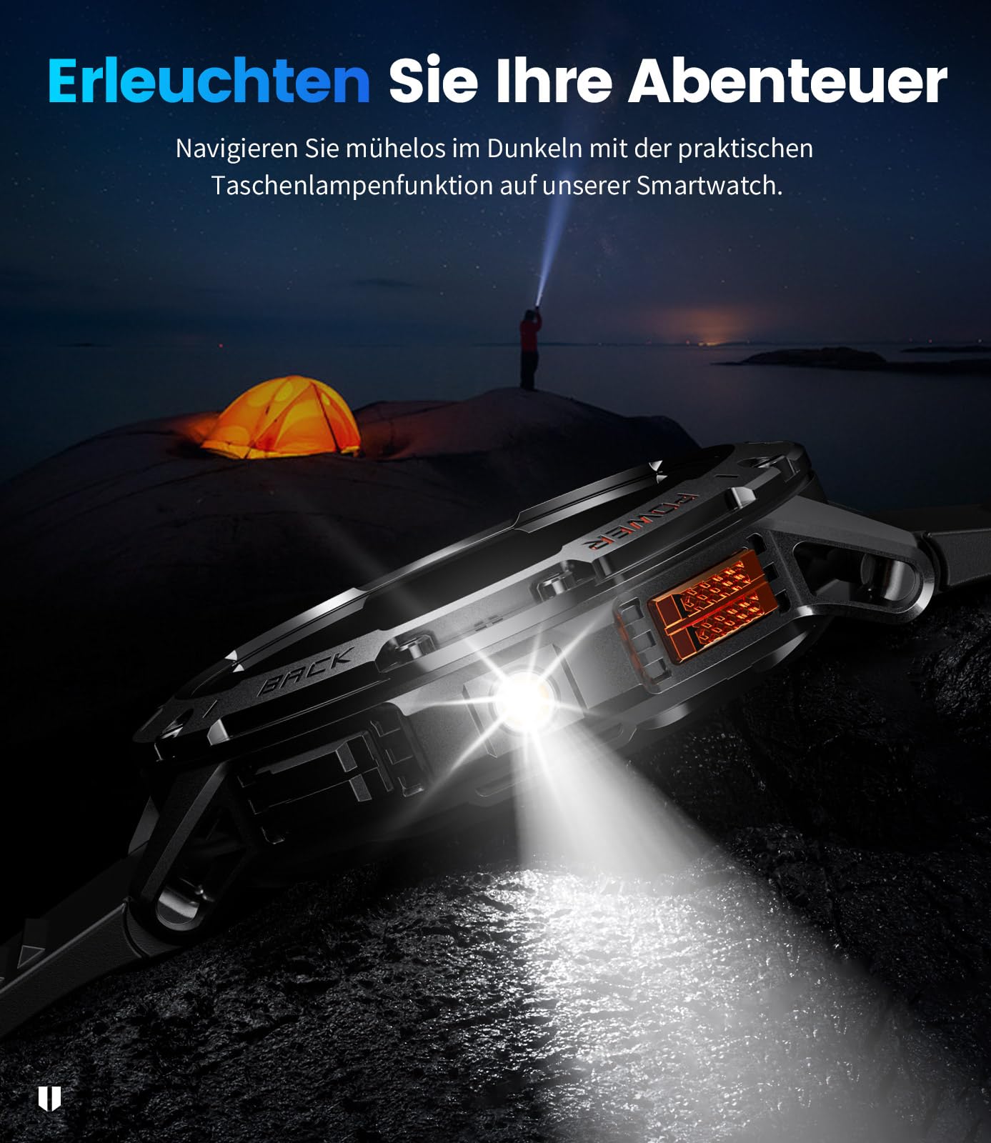 Militär Smartwatch Herren mit LED-Licht/530 mAh Batterie,1,43" AMOLED Smartwatch Fitnessuhr mit 120 Sportmodi/Herzfrequenzmonitor/Schlaf/SpO2,IP68 Wasserdicht Schrittzähler für Android iOS,3 Armbänder