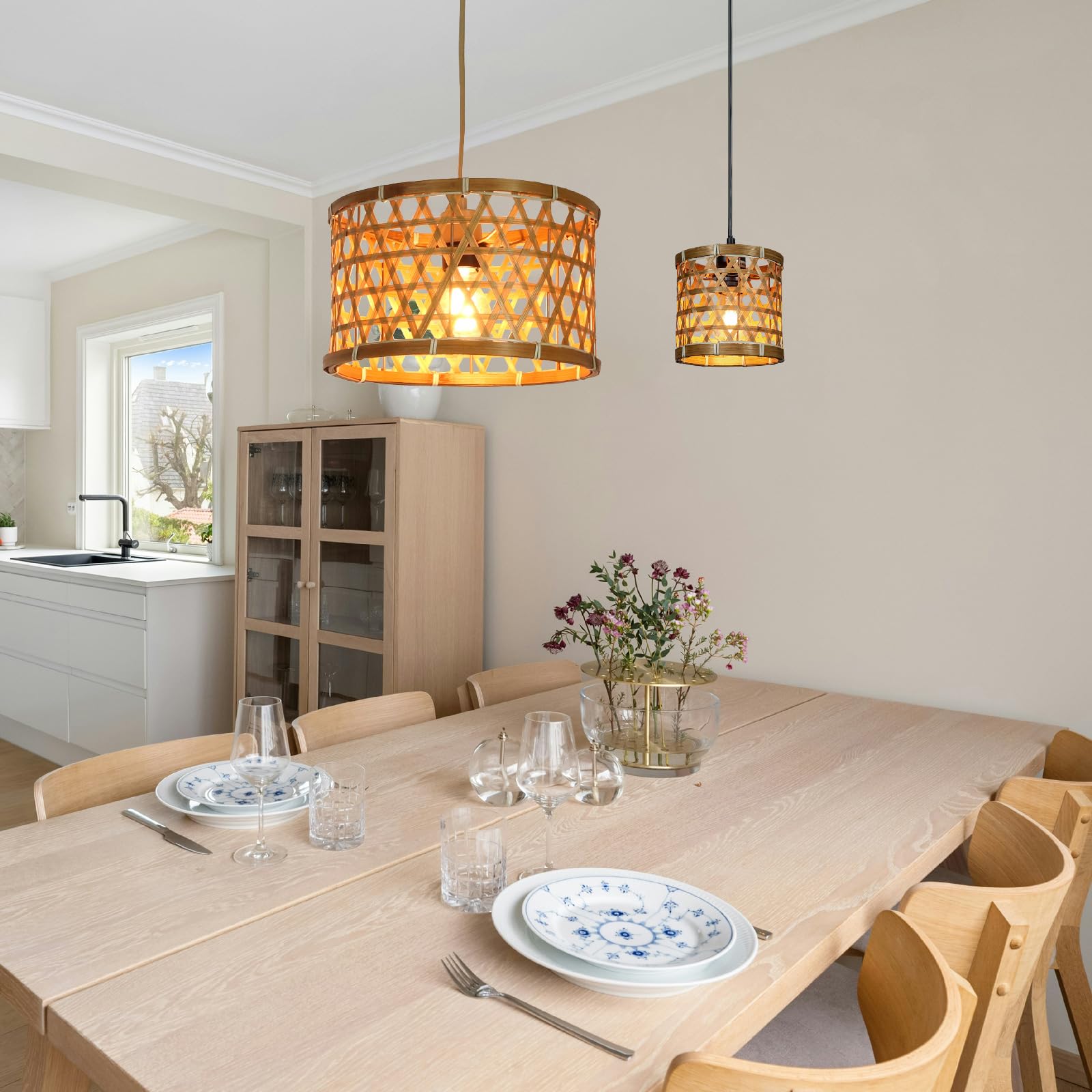 Set di paralumi in bambù, cilindrici, 30 cm e 16 cm, effetto rattan, per lampade da terra (2, caffè bohémien
