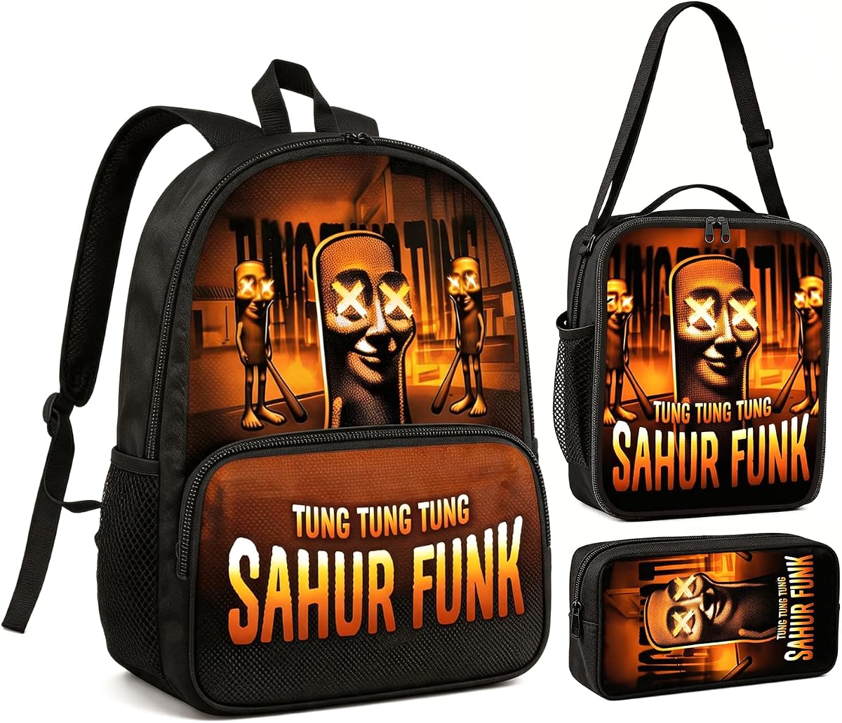 Tung Tung Tung Sahur Juego de mochila para niños, mochila escolar ajustable 3 en 1 con lonchera y estuche para lápices, divertida mochila escolar con personaje de tiburón para niños y niñas estudiantes de primaria (Negro-A3)