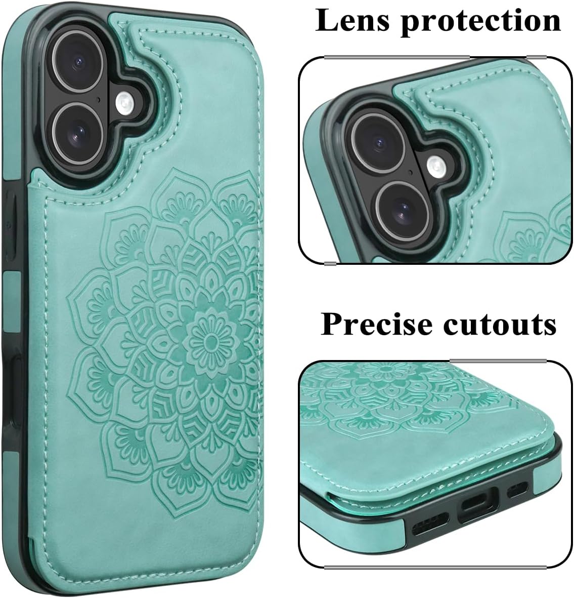 MMHUO for iPhone 17 Case with Card Holder,Flower Magnetic Buttons Protective Wallet Case for Women for iPhone 17 (6.3 Inch),Mint - Image 3