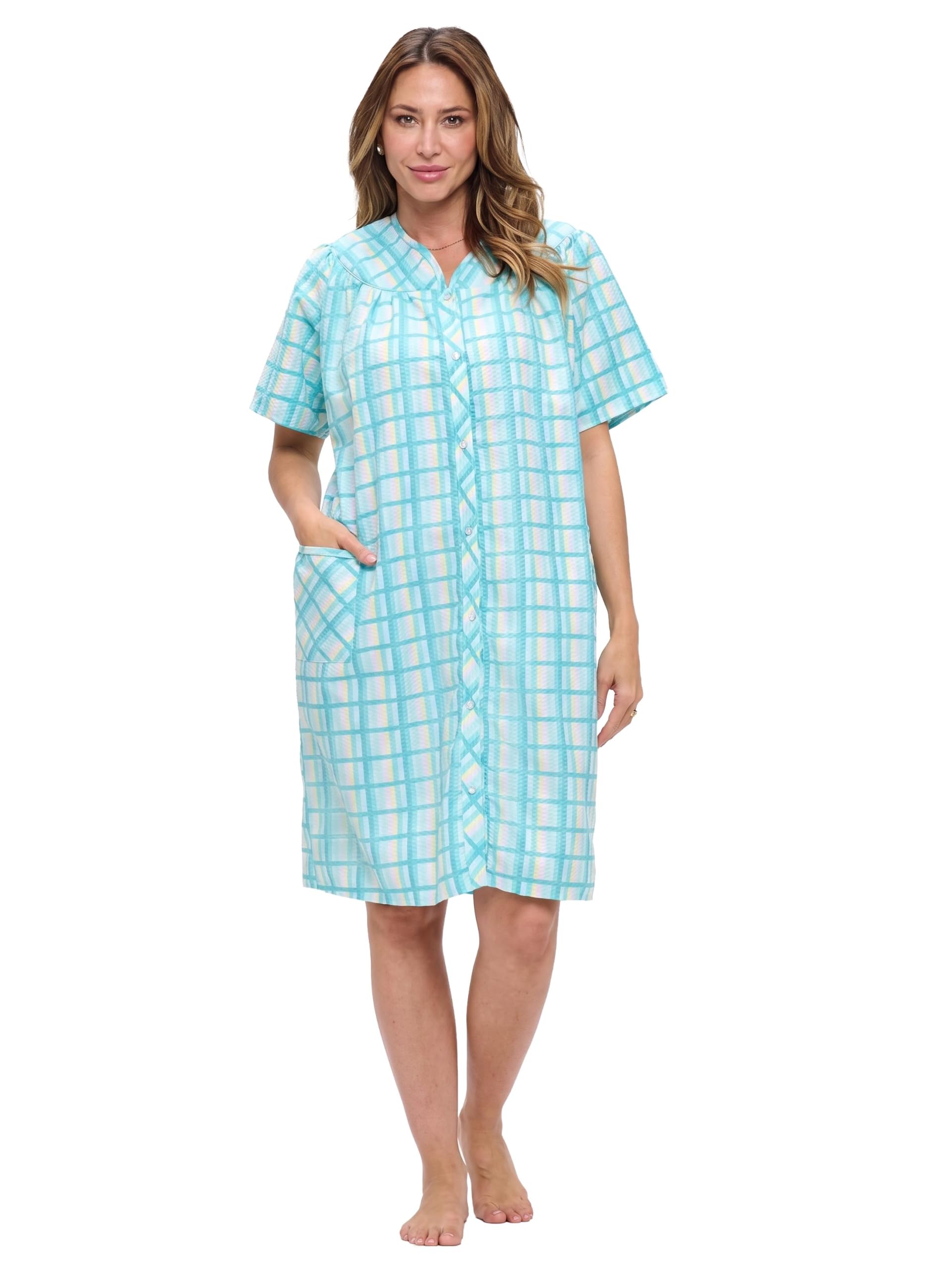 Casual Nights Women's Snap - Front House Dress Short Sleeve Woven Housecoat Duster Lounger Robe with Pockets
