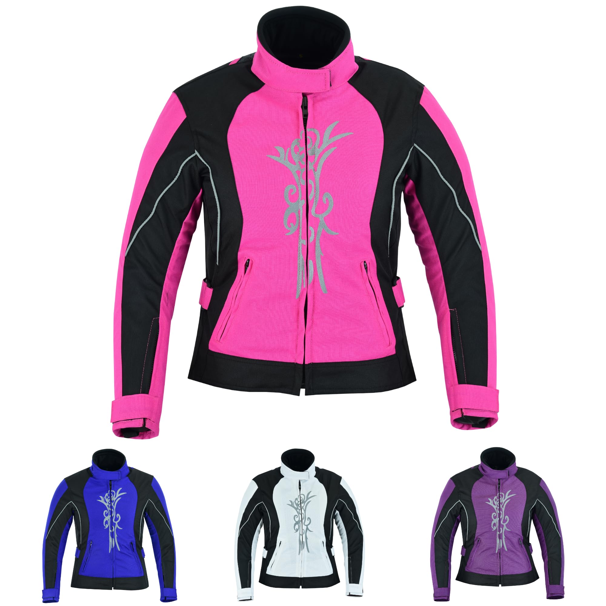 warrior gears Women's Graphic Embroidery Motorcycle Jacket, Waterproof Jacket for Women, Biker Waxed Cotton Jackets for Outdoor, Girls CE Armored Motorbike Top, Protective Gear (Pink, 2XL)