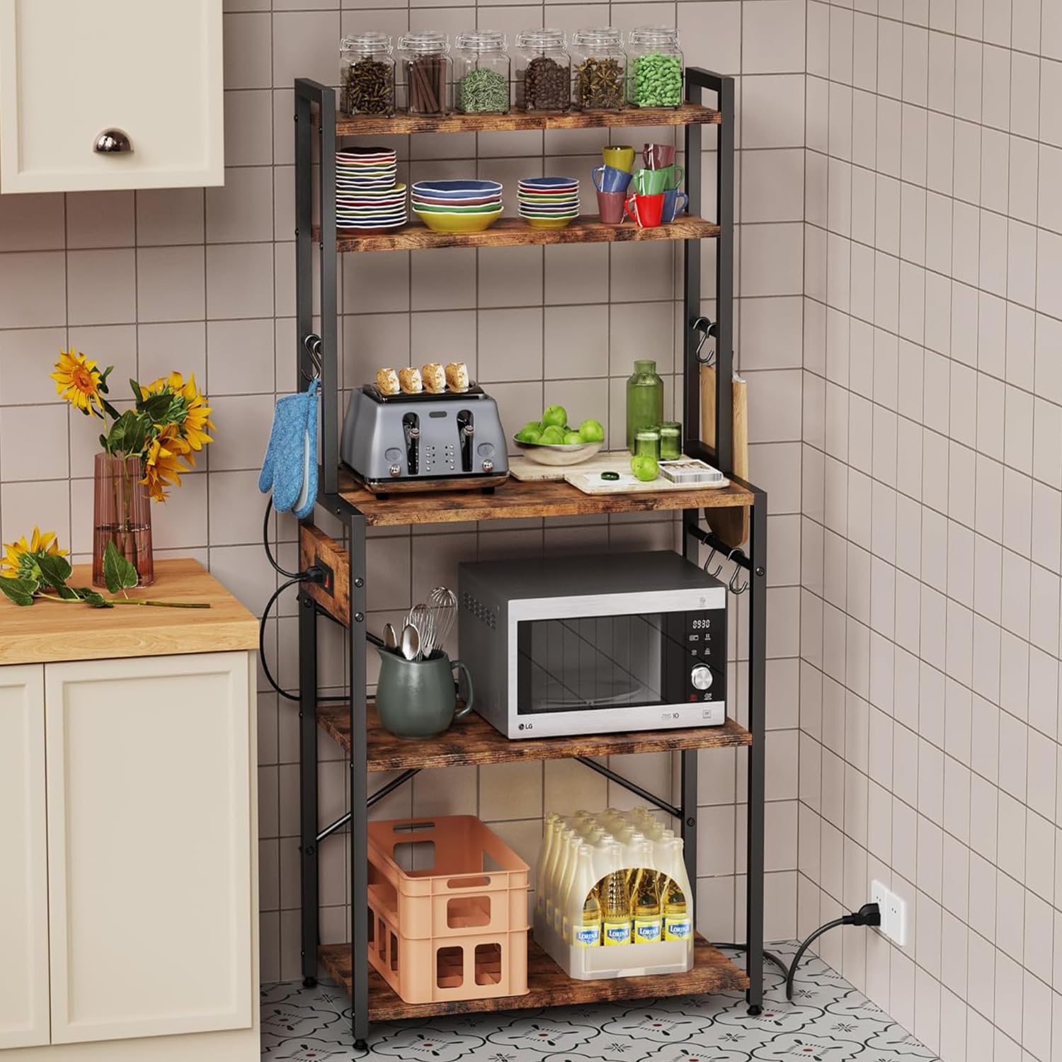 S1 Kitchen Bakers Rack With Power Outlet – 5-Tier Microwave Stand, Coffee Bar Shelf, Beige White