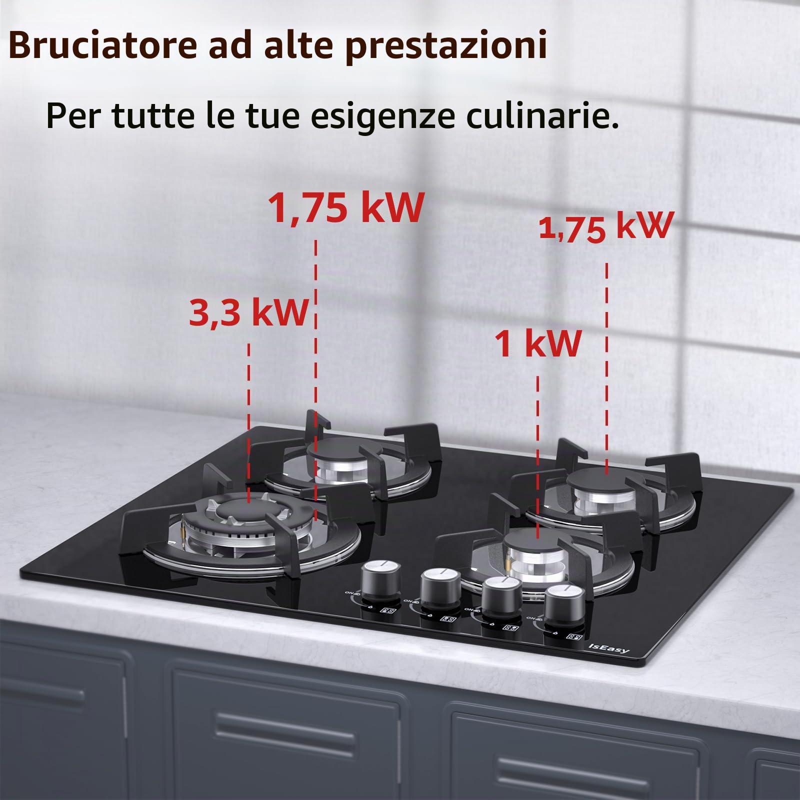 IsEasy Piano Cottura a Gas 4 Fuochi, Vetro con Protezione Termica Automatica, Gas Naturale e Propano, Gas on Glass 60cm da Incasso