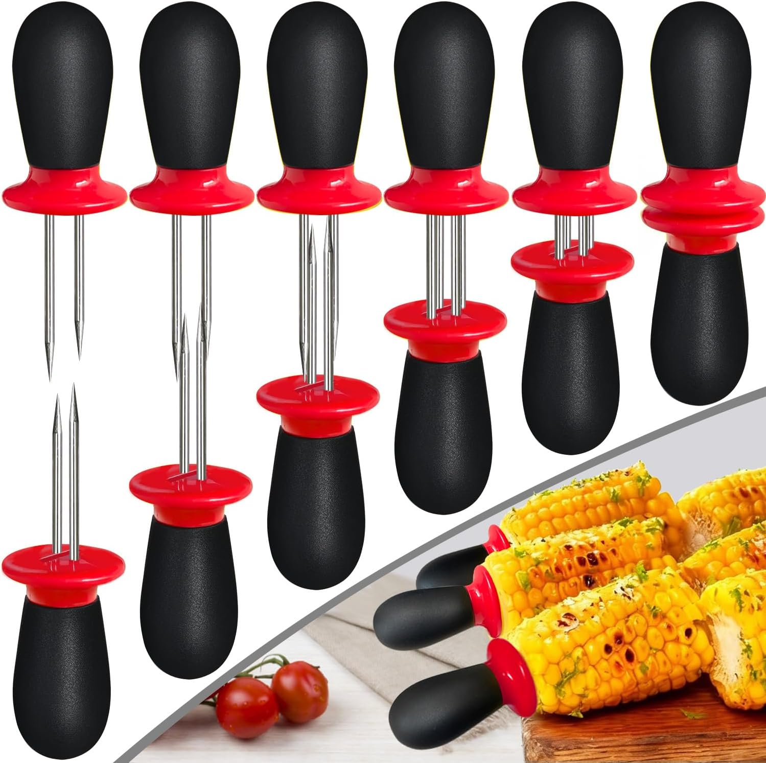 12 Pcs/6 Pairs Corn Holders, Stainless Steel Corn Cob Holders Corn on The Cob Skewers for Home Cooking BBQ Parties Camping, Red-Black