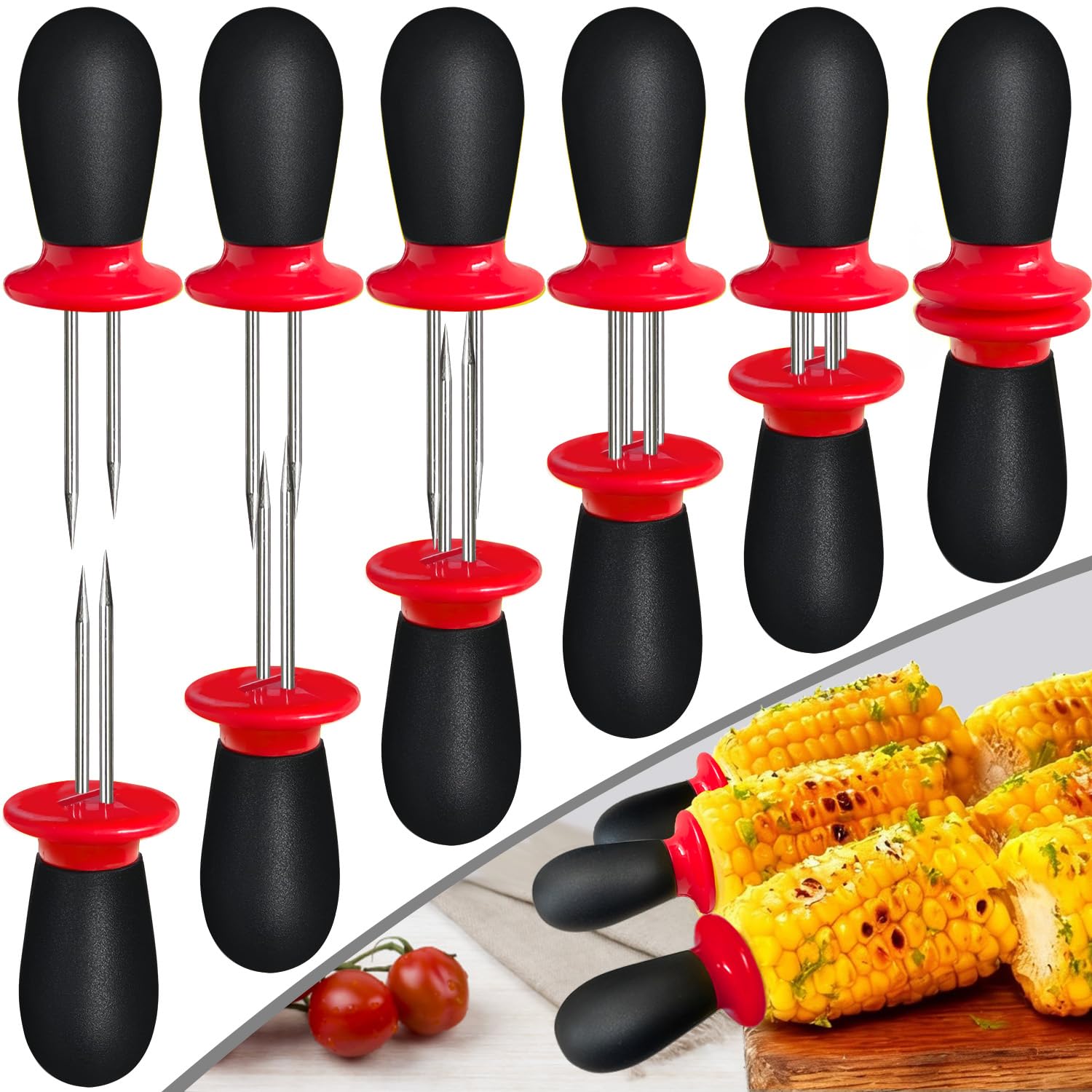 12 Pcs/6 Pairs Corn Holders, Stainless Steel Corn Cob Holders Corn on The Cob Skewers for Home Cooking BBQ Parties Camping, Red-Black