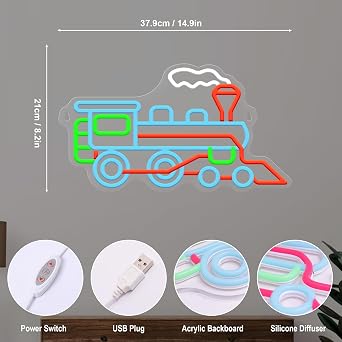 Ammonite Train-Themed Decor, Pack of 2, Steam Train, 3D LED Illusion Night Light + Dimmable LED Neon Wall Sign, Creative Birthday Xmas Gifts for Kids Boys Bedroom Decor