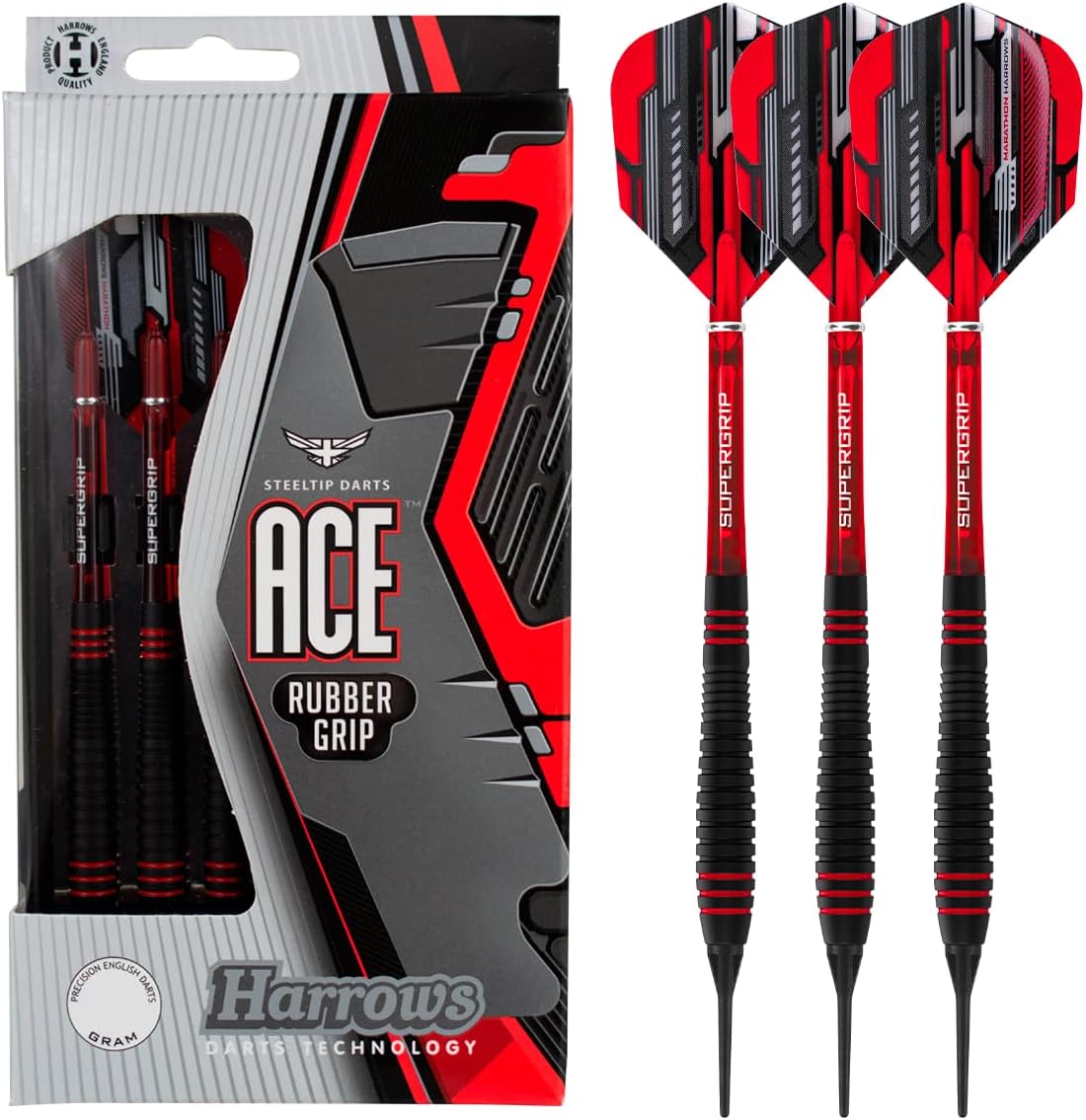 Harrows Ace Rubber Brass Soft Tip Darts Set 16g & 18g - Includes Supergrip Shafts, Micron Marathon Flights & Convenient Travel Case - 10pc Set (18grams)