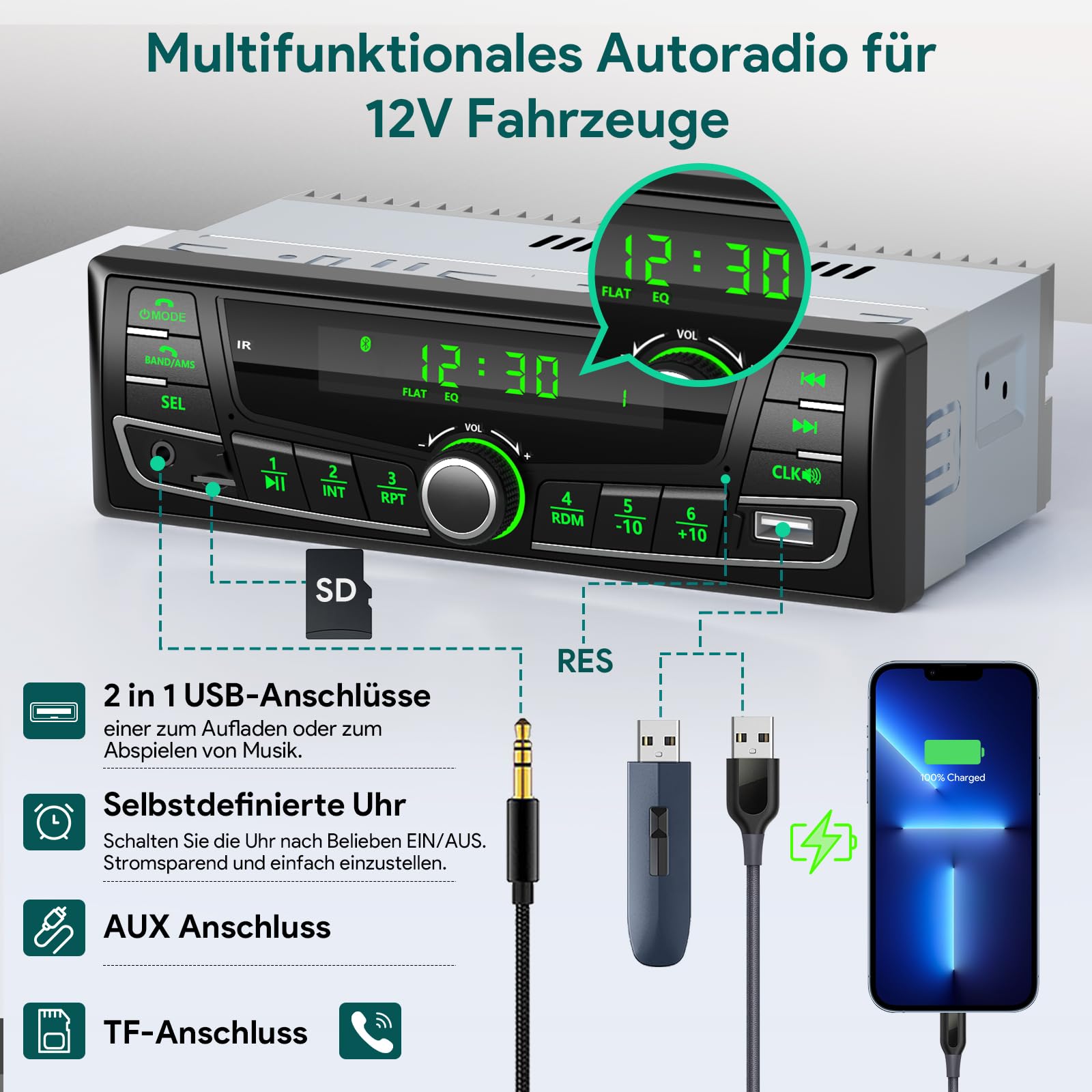 RDS Autoradio Bluetooth,Wistrue FM/AM/7 Farben Autoradio mit Bluetooth Freisprecheinrichtung, 1Din Auto Radio mit USB/AUX/SD/MP3 Player Kompatibel mit iOS und Android(Mehrfarbig)