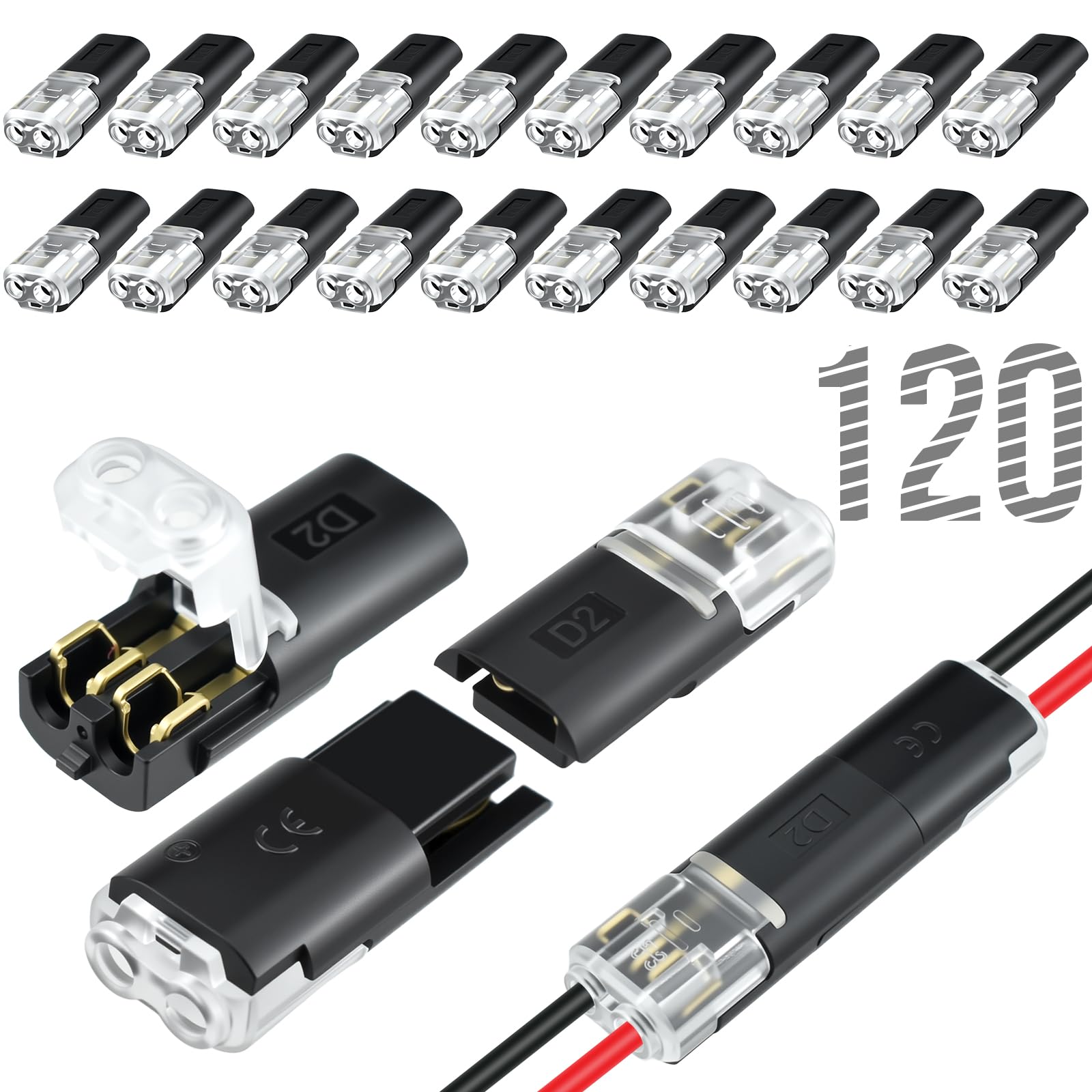 Aifeier ET 120 conectores de doble cable con hebilla de bloqueo, sujetadores de cable de bajo voltaje de clip rápido, conectores de tira de luz LED de 2 pines, sin corte de pelado de cables