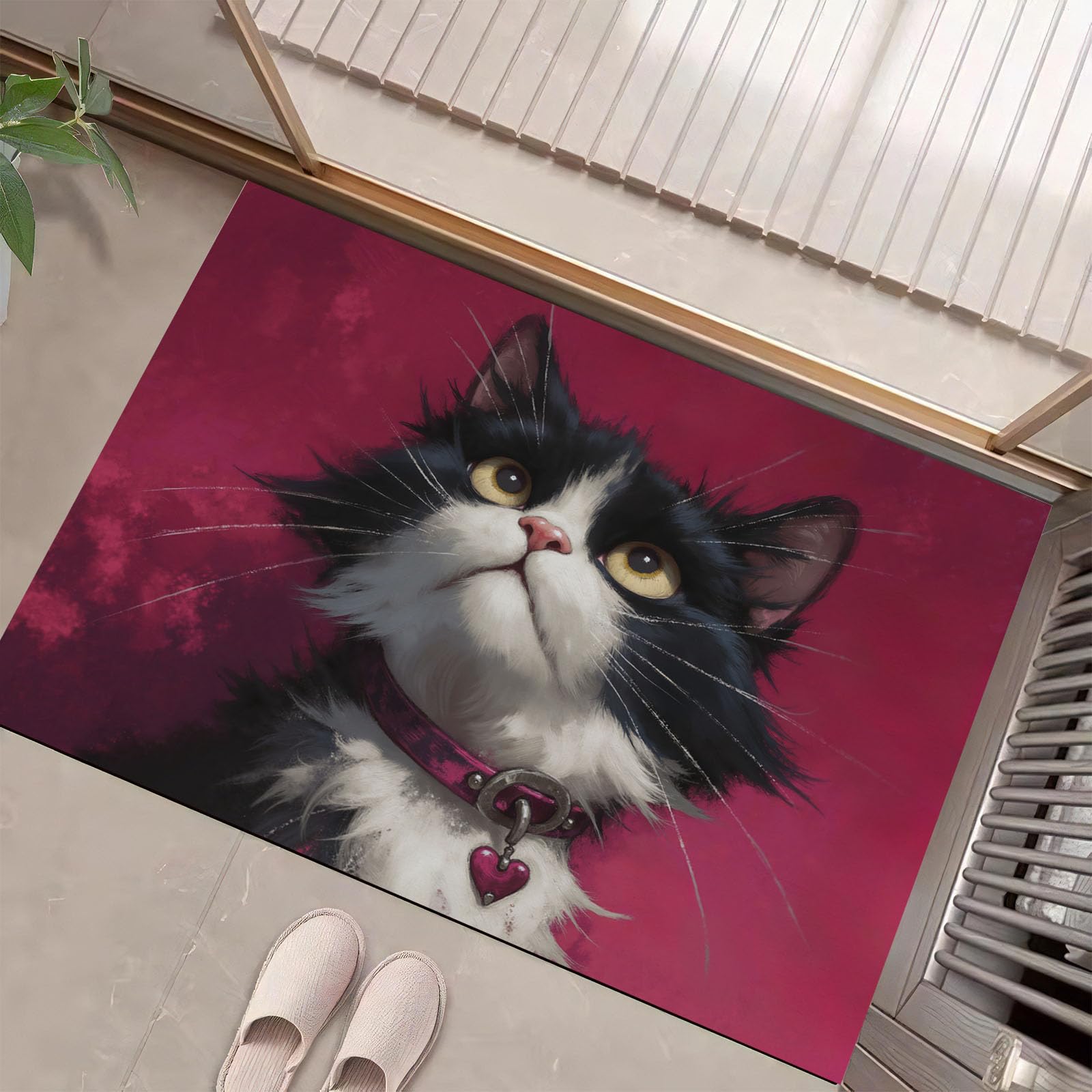 Felpudo de Entrada Gato Esmoquin, 80x120cm Alfombra para Puerta Estilo De Ilustración Realista, Antideslizante, Lavable Alfombrilla para Atrapar Suciedad para Pasillo, Cocina, Dormitorio, Magenta