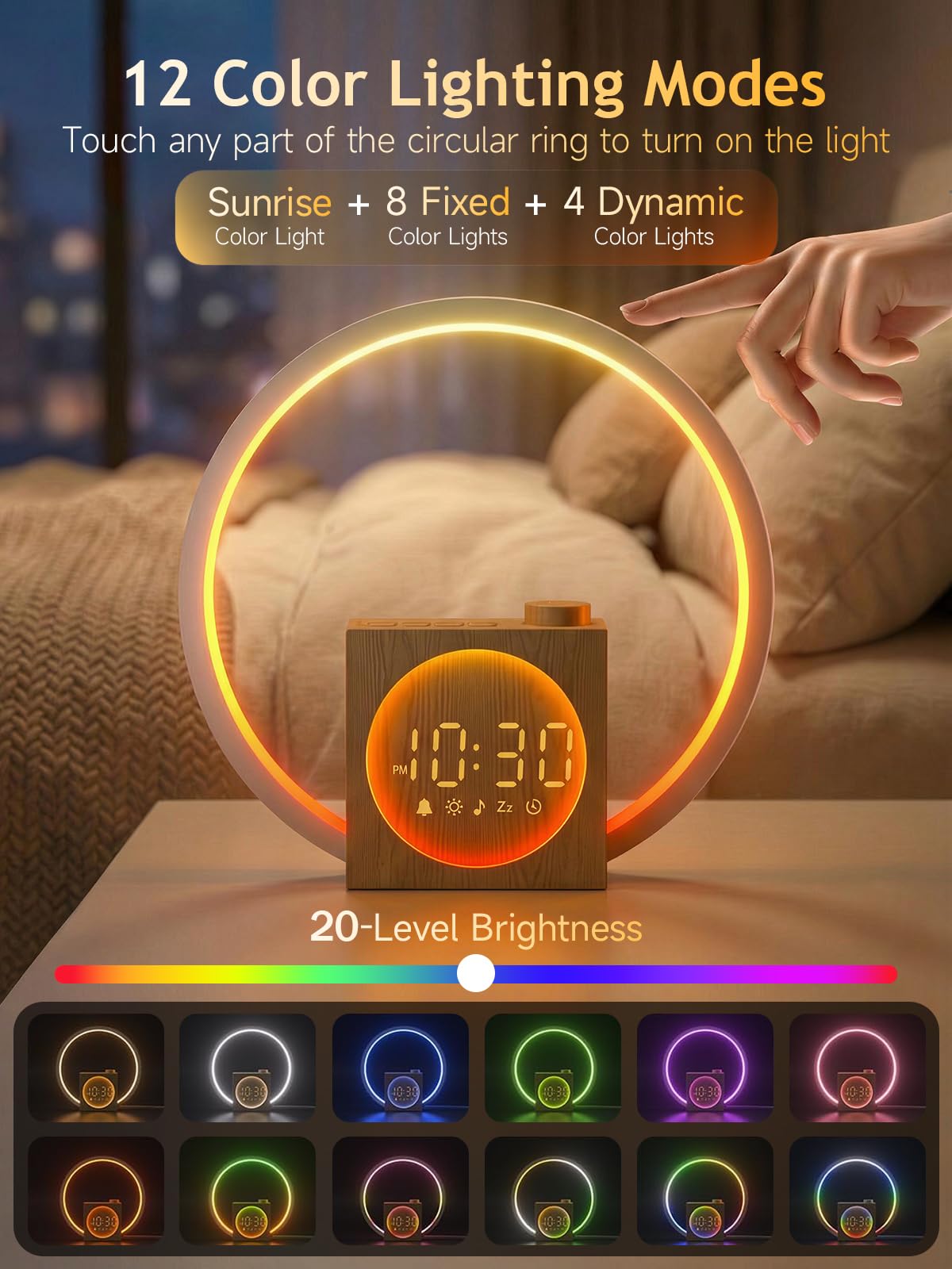 Despertador Amanecercon, Wake Up Light LED Simulación de Amanecer y Atardece, Luz Nocturnacon Control Táctil Regulable, 12 Modos de Luz, 30 Sonidos Relajantes, para Dormir, Función Alarma y Snooze