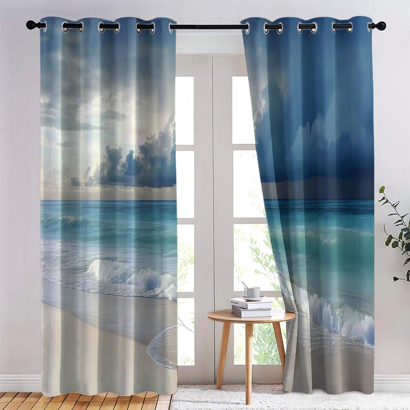 140 x 260 cm, juego de 2 cortinas 100% opacas con aislamiento térmico, paisaje natural, ondas del océano, tela suave e impermeable, doble cortina con ojales para dormitorio, sala de estar, cocina