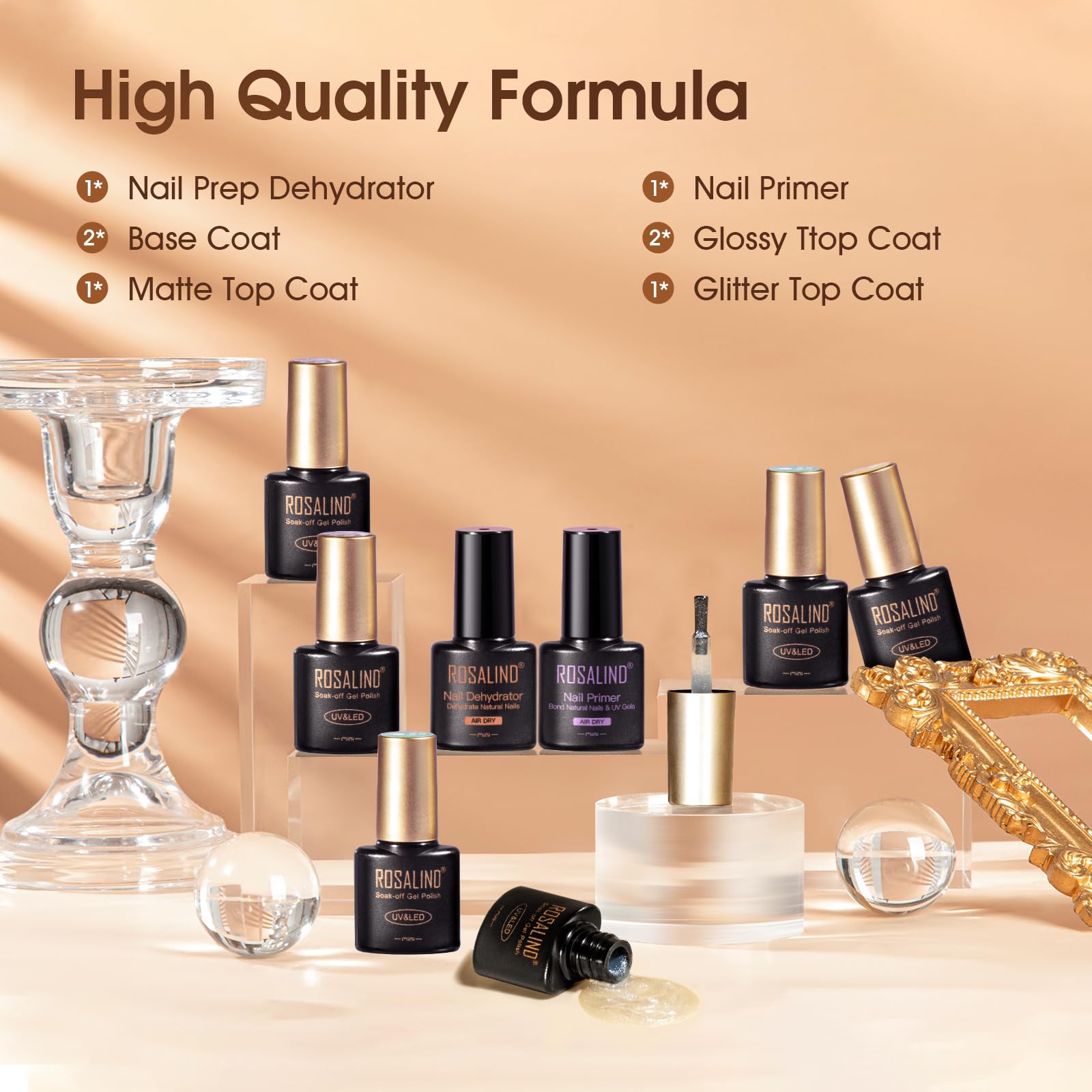 ROSALIND Base et Top Coat Vernis Semi Permanent, 8PCS Primer et Nail Prep Déshydratation Kit, Matt et Paillettes Top Coat UV LED Soak Off Vernis Gel Semi-permanent Manucure Kit