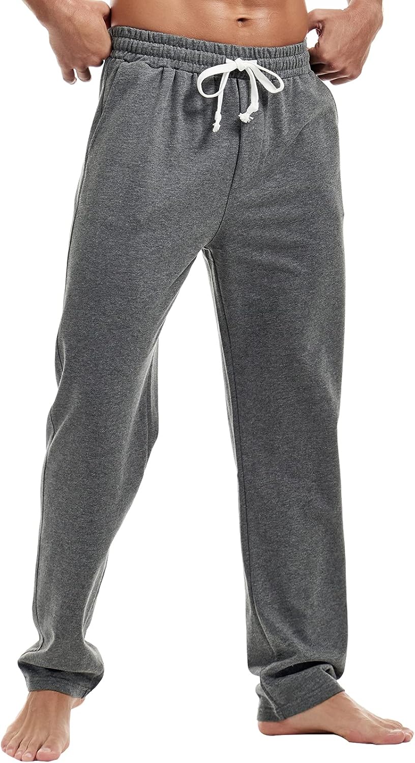 AMY COULEE Mens Cotton Athletic Pants Open Bottom Running Sweatpants Straight Leg Casual Joggers with Pockets