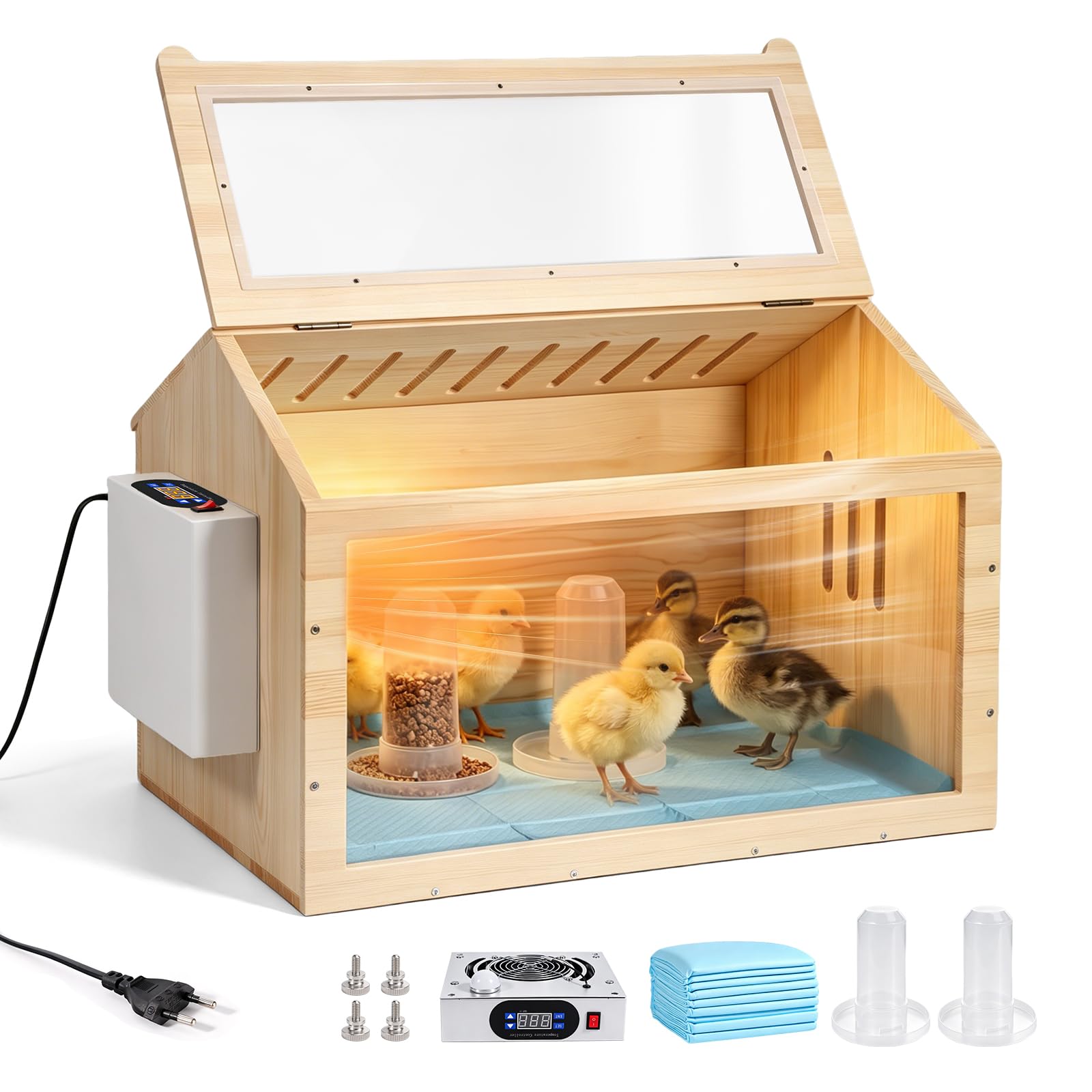 Caja de Cría para Pollitos con Calefacción, Criadoras de Madera con Comedero y Bebedero, Calentadores para Gllineros, Patito, Aves, Gatito, Cachorro, Conejo