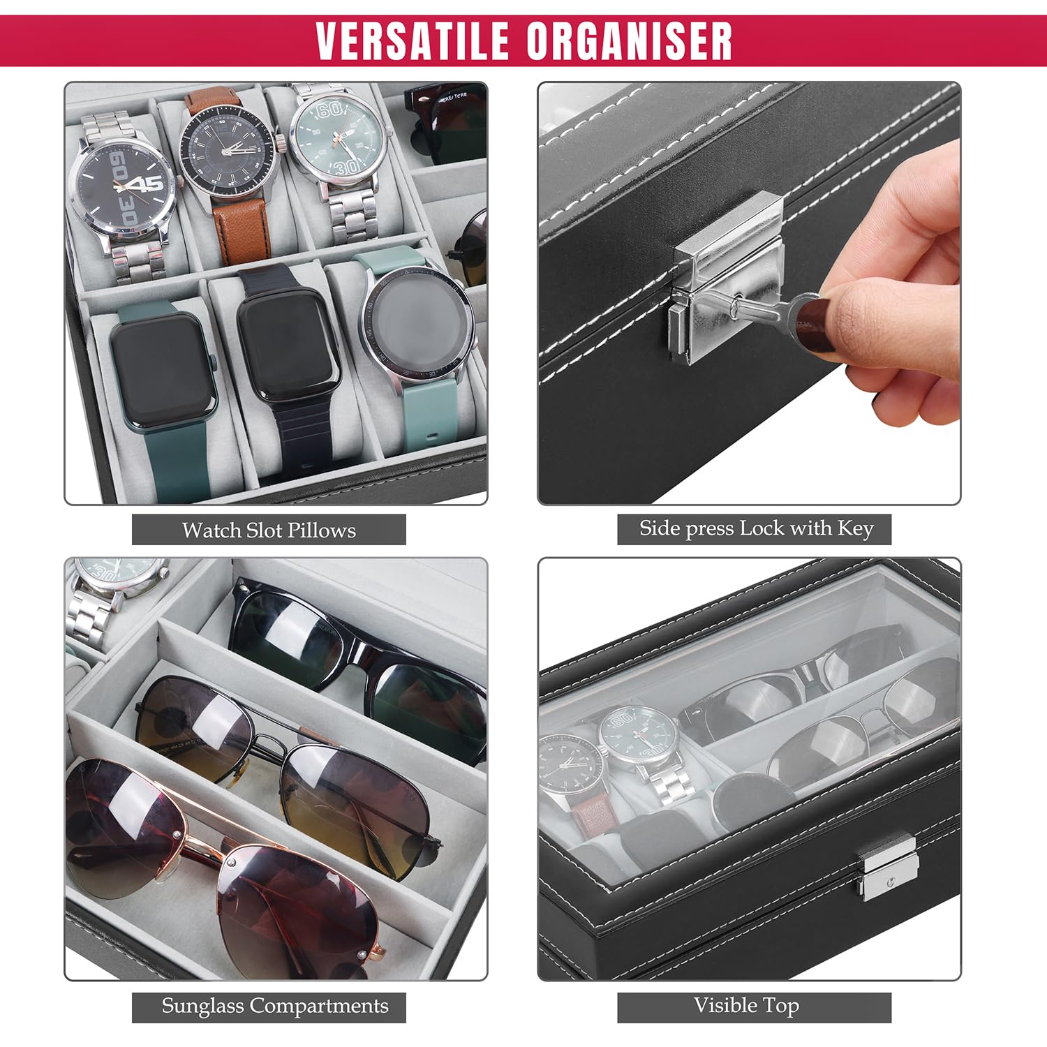 ABOUT SPACE Watch Box - PU Leather Watch Organizer Case & Sunglass Box for Men & Women with Press Lock & Key, 6 Removable Watch Slots & 3 Sunglass Slots with Clear Display (Black-D 33 X W 20 x H 8 cm) 2