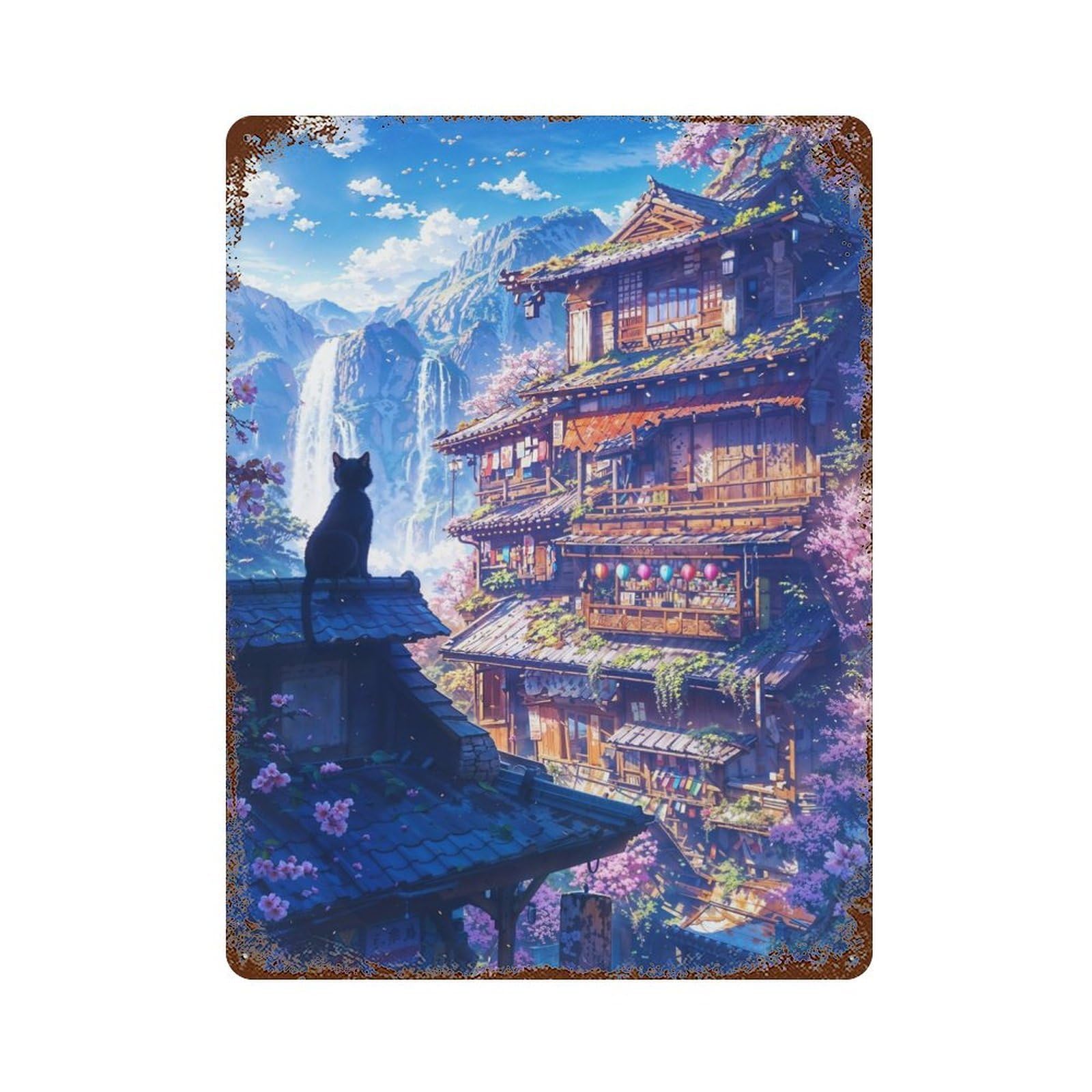 Sakura Anime Cat Japanese Rust Effect Tin Sign 15.7"x11.8", Rustic Home Decor for Garage, Bar And Workshop Decor