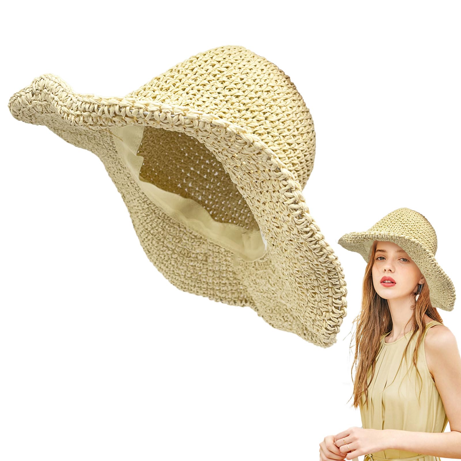 FUIPVGI Sombrero de Paja, Sombrero De Playa para Mujer De Verano Plegable, Borde Suave Transpirable Grande Ancho Cap, Señora Trenzado Sombreros De Sol