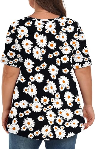 Miniatura 4 de Tencede - Blusas de verano para mujer, talla extra grande, manga corta, cuello en V, estilo túnica, estampado floral, ajuste holgado, XL-5XG