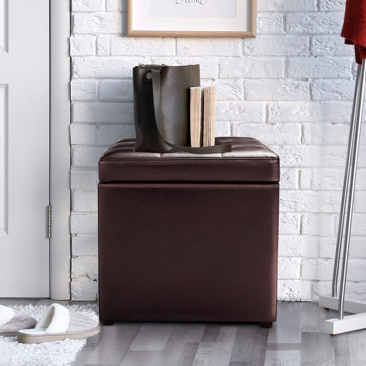 COSTWAY Baul Almacenaje Dormitorio, Puff Almacenaje Plegable 40x40x40cm, Puff Banco con Almacenaje con Capacidad de 300 kg, Reposapiés Sofa para Sala de Estar, Dormitorio, Entrada, Marrón