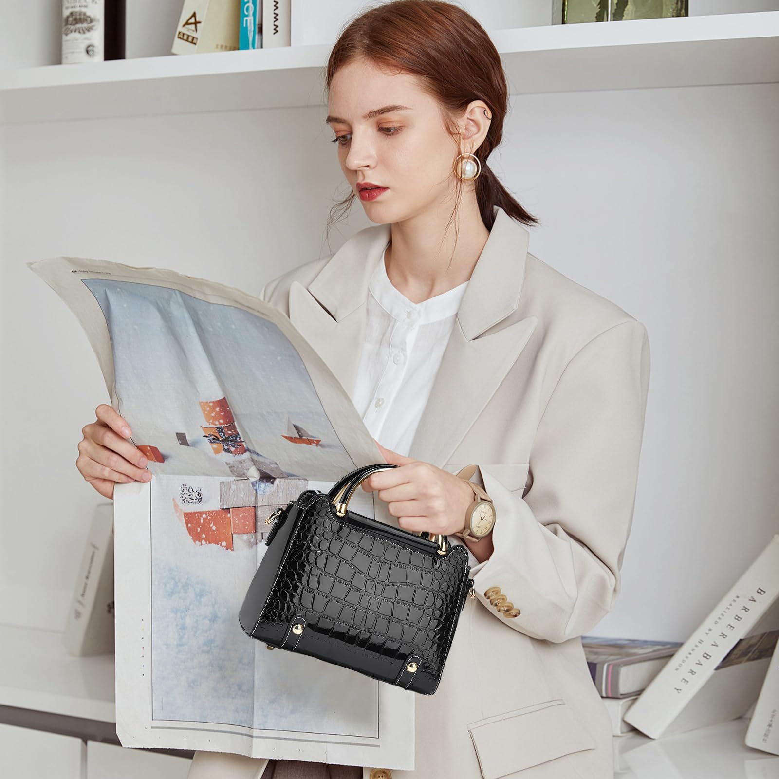 NICOLE & DORIS Bolsos Mujer Bolso Bandolera Pequeños Bolso de Mano de Charol Bolso de Cocodrilo Bolso de Hombro Bolsos Cruzados Bolso Fiesta Negro