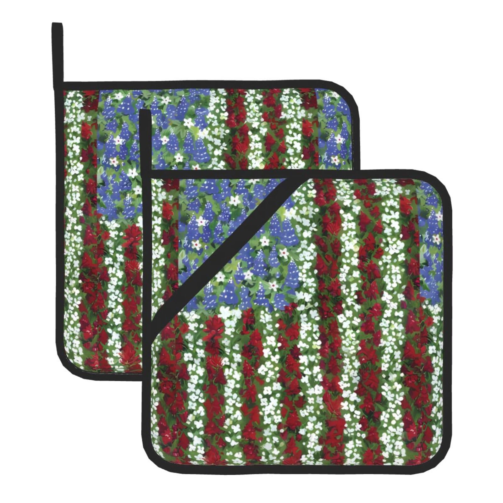HJFCZH America Patriotic Flower Prints Square Hot Pads for Kitchen Counter - Waterproof Pot Holders, Durable Heat Resistant Throw Layers for Serving, Oven & BBQ - 2 Pack