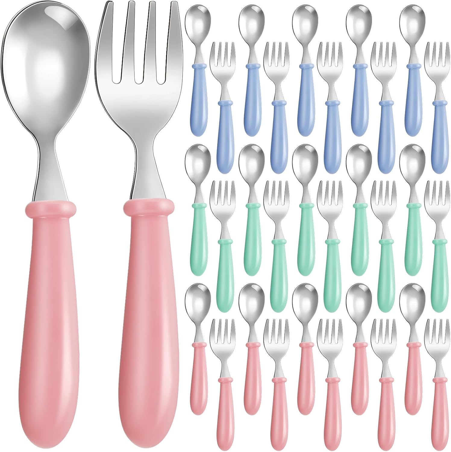 Dandat 48 Pcs Toddler Utensils Kids Silverware Set Stainless Steel Baby Forks and Spoons Toddler Safe Flatware Metal Kids Cutlery with Round Thick Grip Handles for Self Feeding, Dishwasher Safe