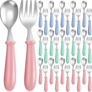 Dandat 48 Pcs Toddler Utensils Kids Silverware Set Stainless Steel Baby Forks and Spoons Toddler Safe Flatware Metal Kids Cutlery with Round Thick Grip Handles for Self Feeding, Dishwasher Safe