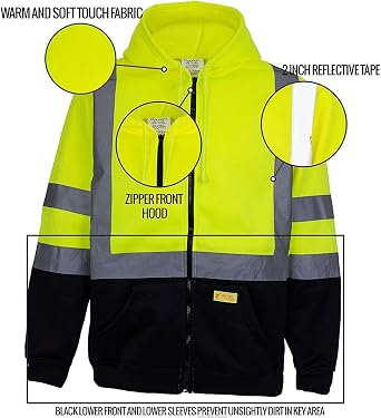 Men's ANSI Class 3 High Visibility Class 3 Sweatshirt, Full Zip Hooded, Lightweight, Black Bottom