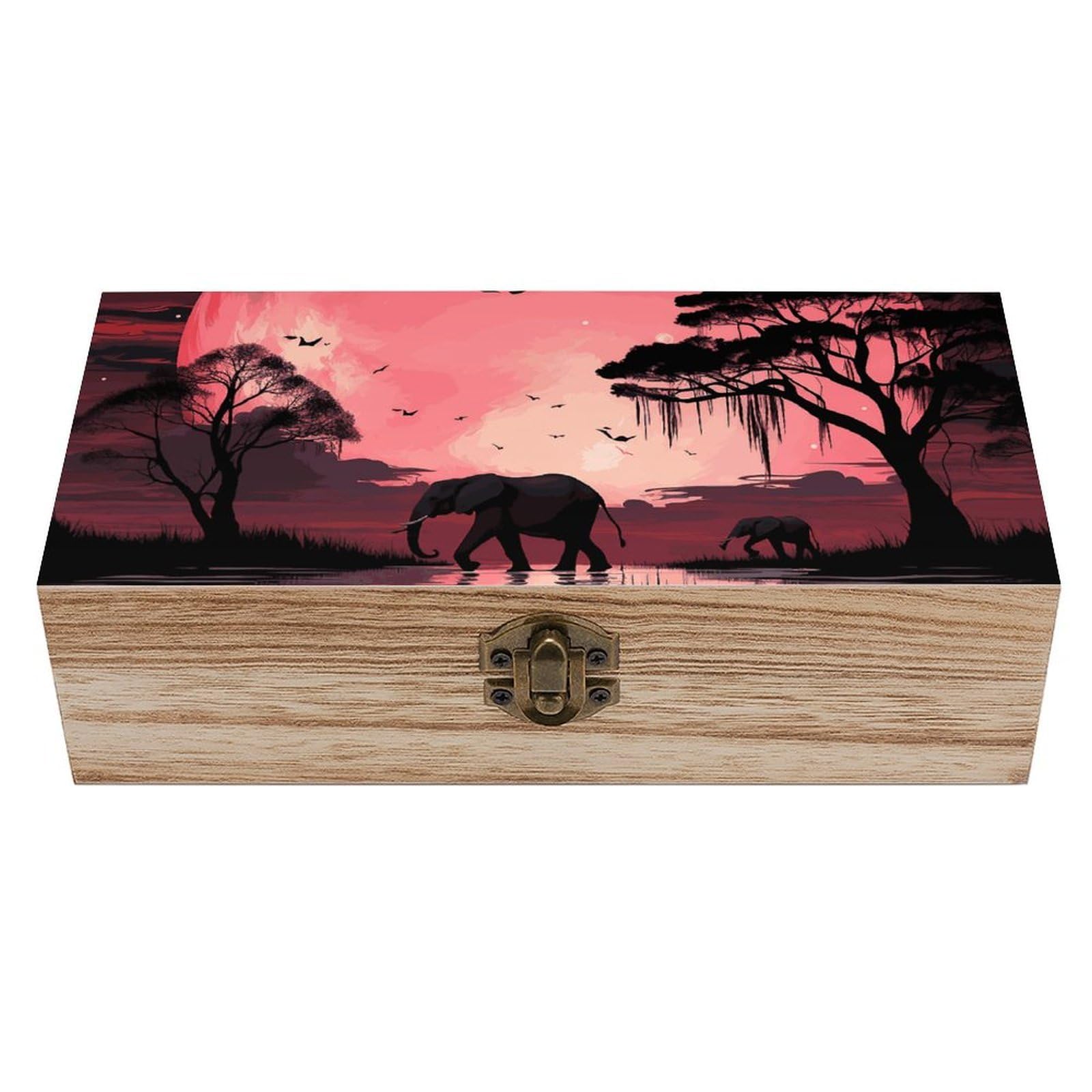 Pink Moon Elephant Wooden Storage Box Exquisite Durable Wood Gift Case Sturdy Vintage Jewelry Wooden Chest for Art Hobbies Storage Keepsake Gift