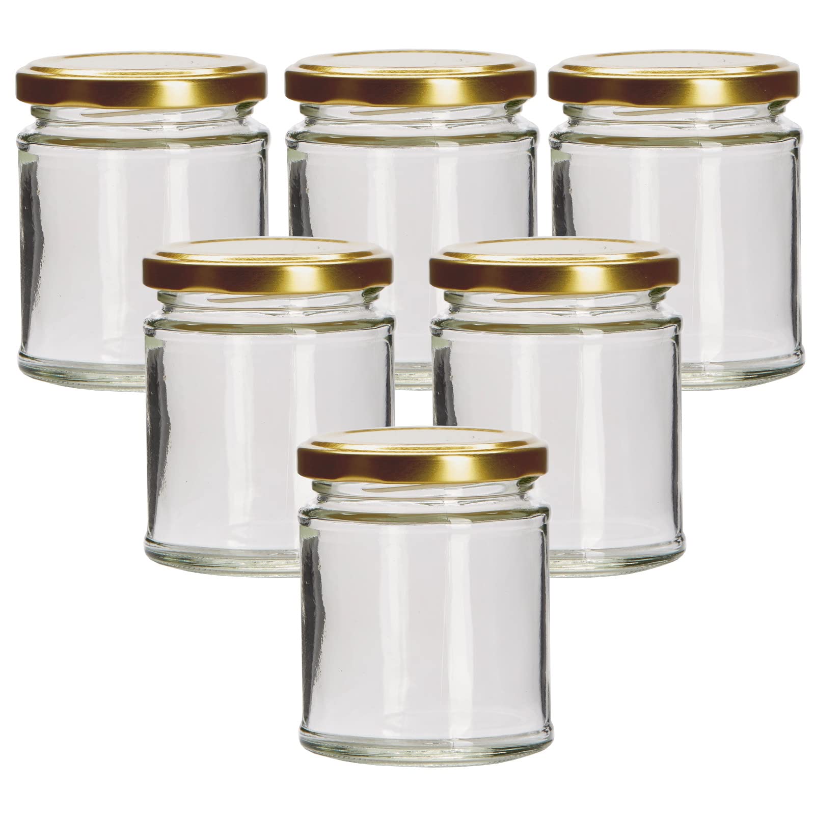 Balliihoo Homebrew Pack Of 6 x 190ml Round Glass Food Jar With Gold Twist Off Lids (Choice Of Lid Colours)