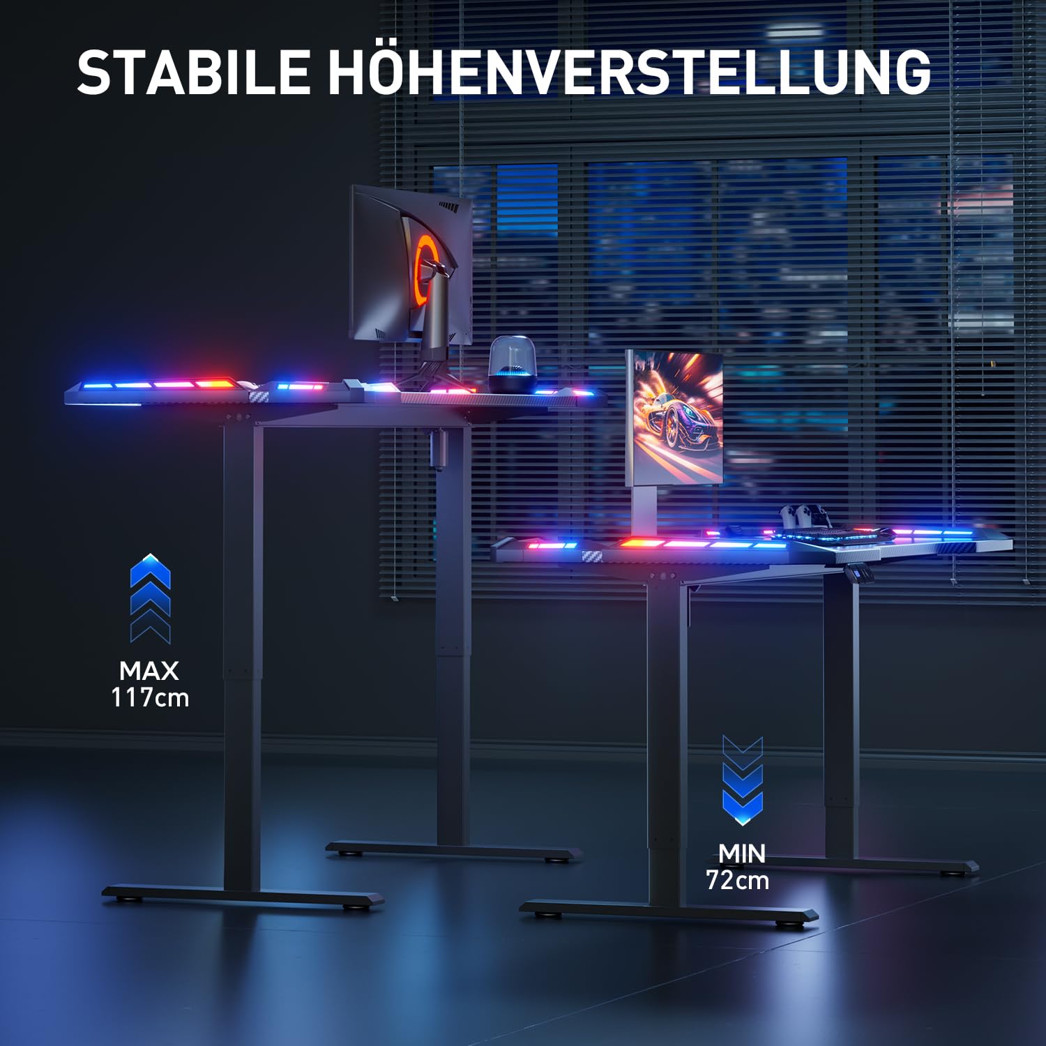 HLONONE Höhenverstellbarer Schreibtisch 120 x 60 cm, Gaming Tisch mit LED, Elektrischer Schreibtisch, Steh-Sitz Tisch mit Kohlefaseroberfläche, Elektrisch Computertisch mit Funktions-Memory, Schwarz