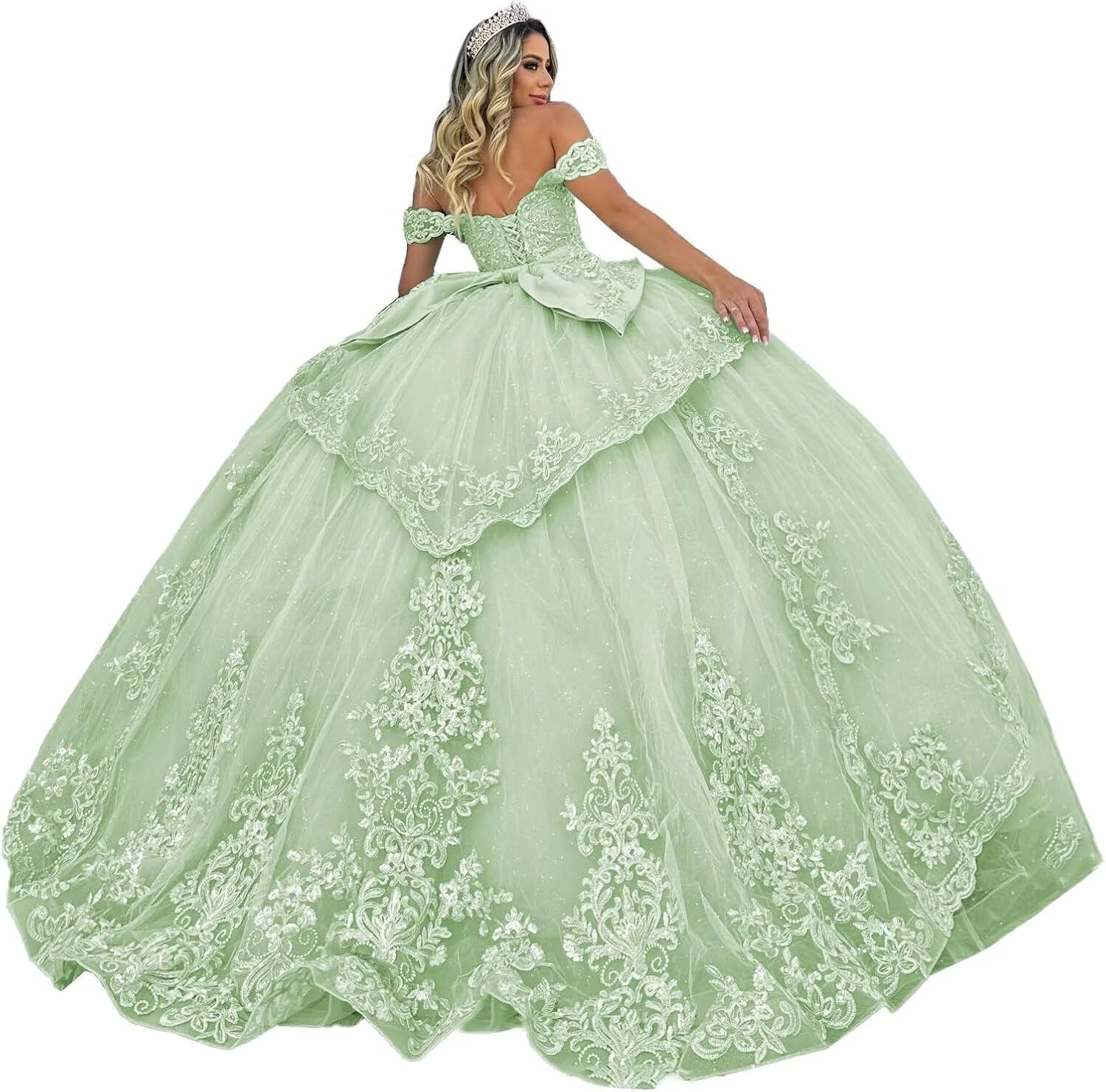 Fuomomo Tulle Quinceanera Dresses Ball Gown Sparkly Lace Appliques Quinceanera Dresses Off Shoulder Long Princess Prom Dress MT038 Sage Green