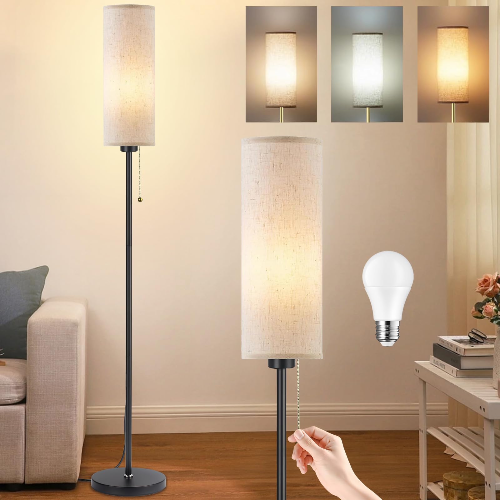 Seruno X Stehlampe Wohnzimmer, Leinen Standleuchte mit 3 Farbtemperaturen 9W LED Glühbirne, Modern Stehlampe mit Schwarz Mast, Zugschalter, Leselampe Stehleuchte für Wohnzimmer Schlafzimmer Büro