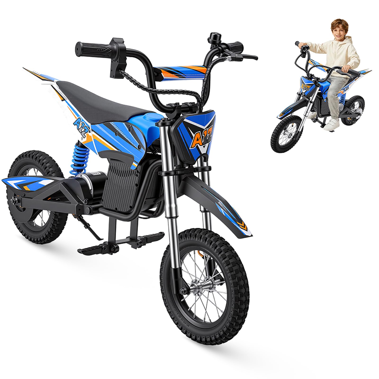 A12 Elektro Motorrad für Kinder ab 110cm Körpergröße 3–12-Jährige (Blau) | Elektromotorrad mit 350W Motor, 3 Geschwindigkeitsmodus, 20KM Max Reichweite, 12 Zoll Luftreifen,LED,doppelte Stoßdämpfung
