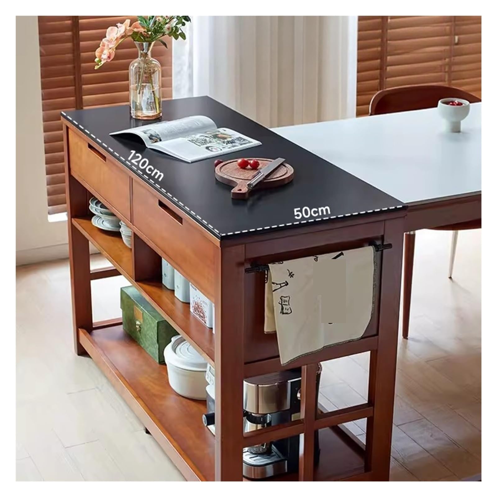 Carrello da cucina Isola cucina in legno con piano in pietra sinterizzata, mobile buffet con cassetti e ripiani(L)
