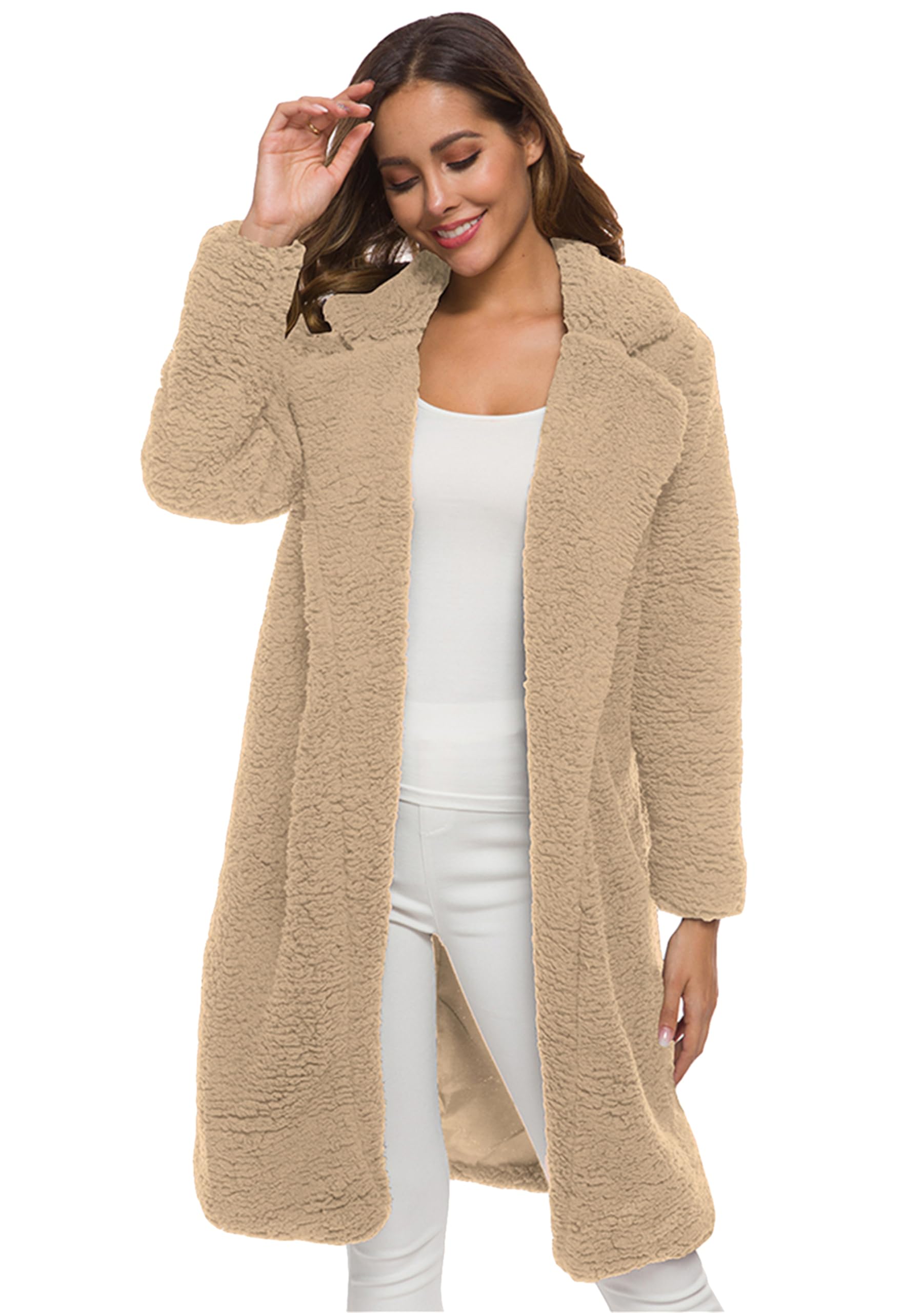 Womens Fuzzy Fleece Solid Color Jacket Lightweight Warm Soft Coat Fleece Oversized Plus Size Coat