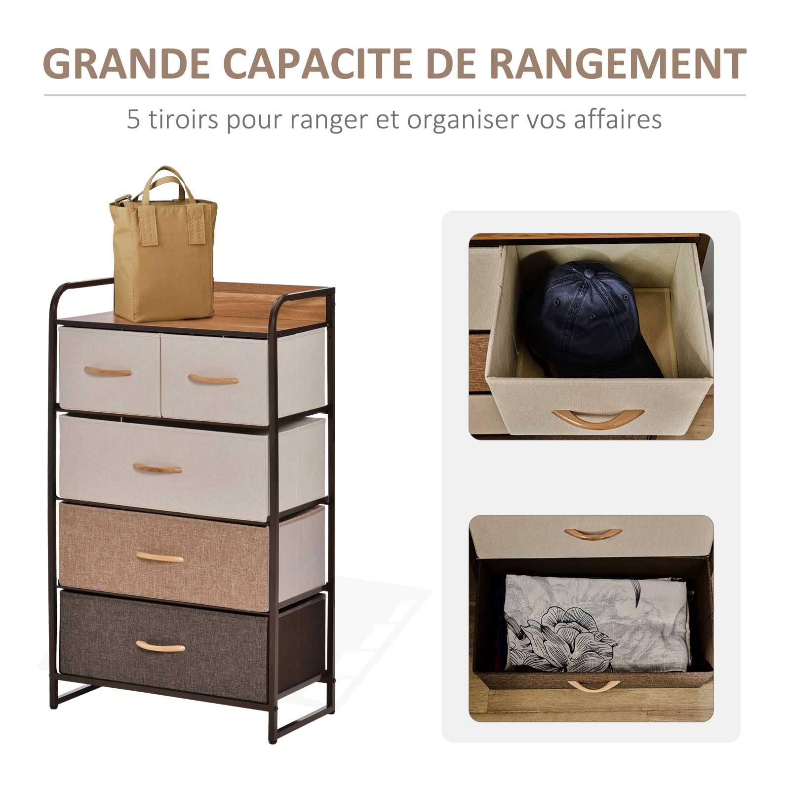 HOMCOM Commode Meuble de Rangement 5 tiroirs Pliables en Tissu 58 x 29 x 99 cm Multicolore