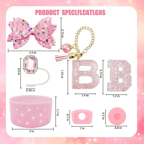 7PCS Pink Stanley Cup Accessories Set,Initials Decorations for Stanley Cup 30oz 40oz,Includes Jewel Straw Topper,Spill Proof Stopper, Handle Charm,Sparkly Silicone Boot,Letter Sticker,Bow (pink B)