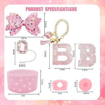 7PCS Pink Stanley Cup Accessories Set,Initials Decorations for Stanley Cup 30oz 40oz,Includes Jewel Straw Topper,Spill Proof Stopper, Handle Charm,Sparkly Silicone Boot,Letter Sticker,Bow (pink B)