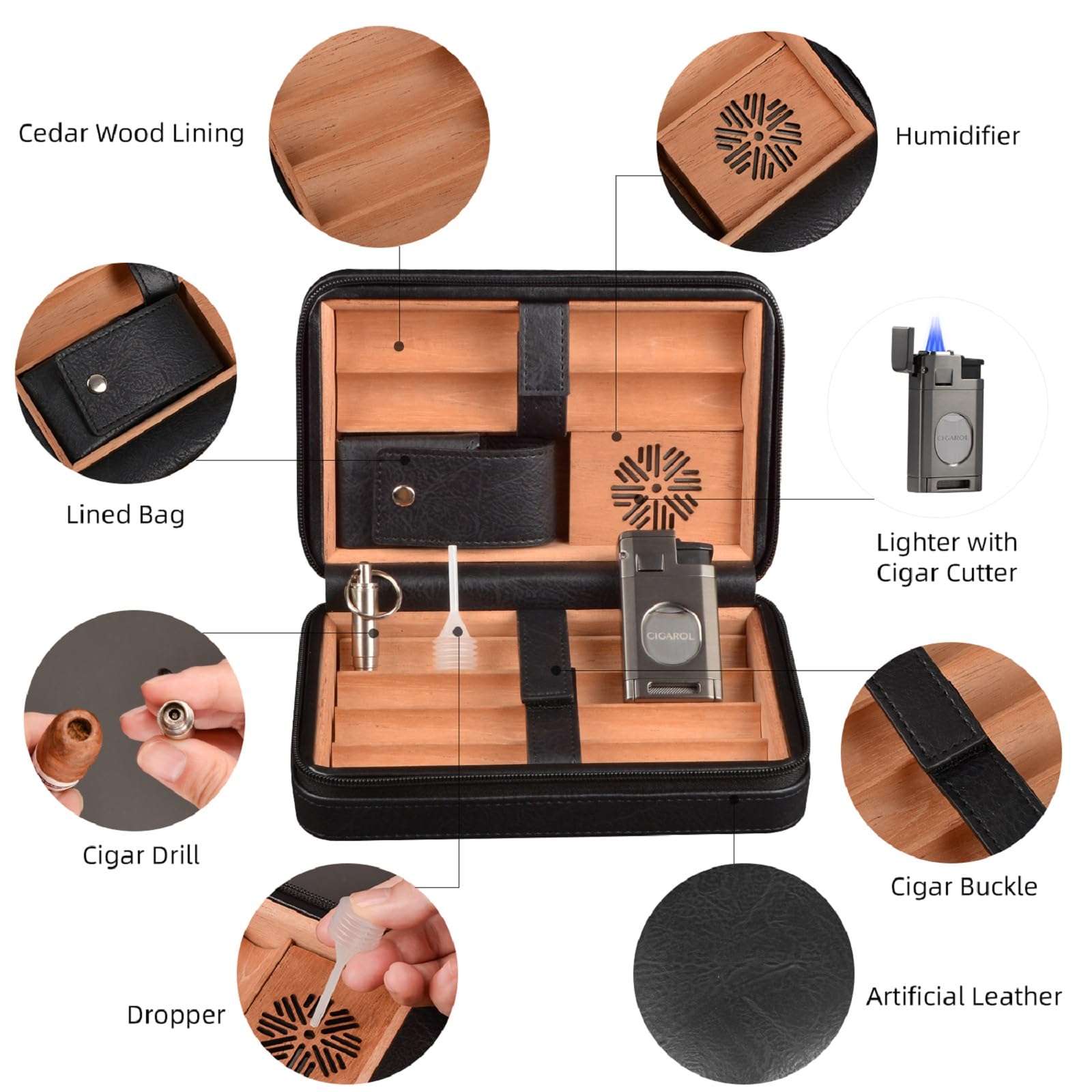 Leder Zigarren Humidor Set mit 3-in-1 Zigarrenfeuerzeug & Befeuchter, Tragbare Reise Leder Zigarrenetui für 6 Zigarren, Locher Zubehör, Geschenk für Weihnachten (Schwarz)