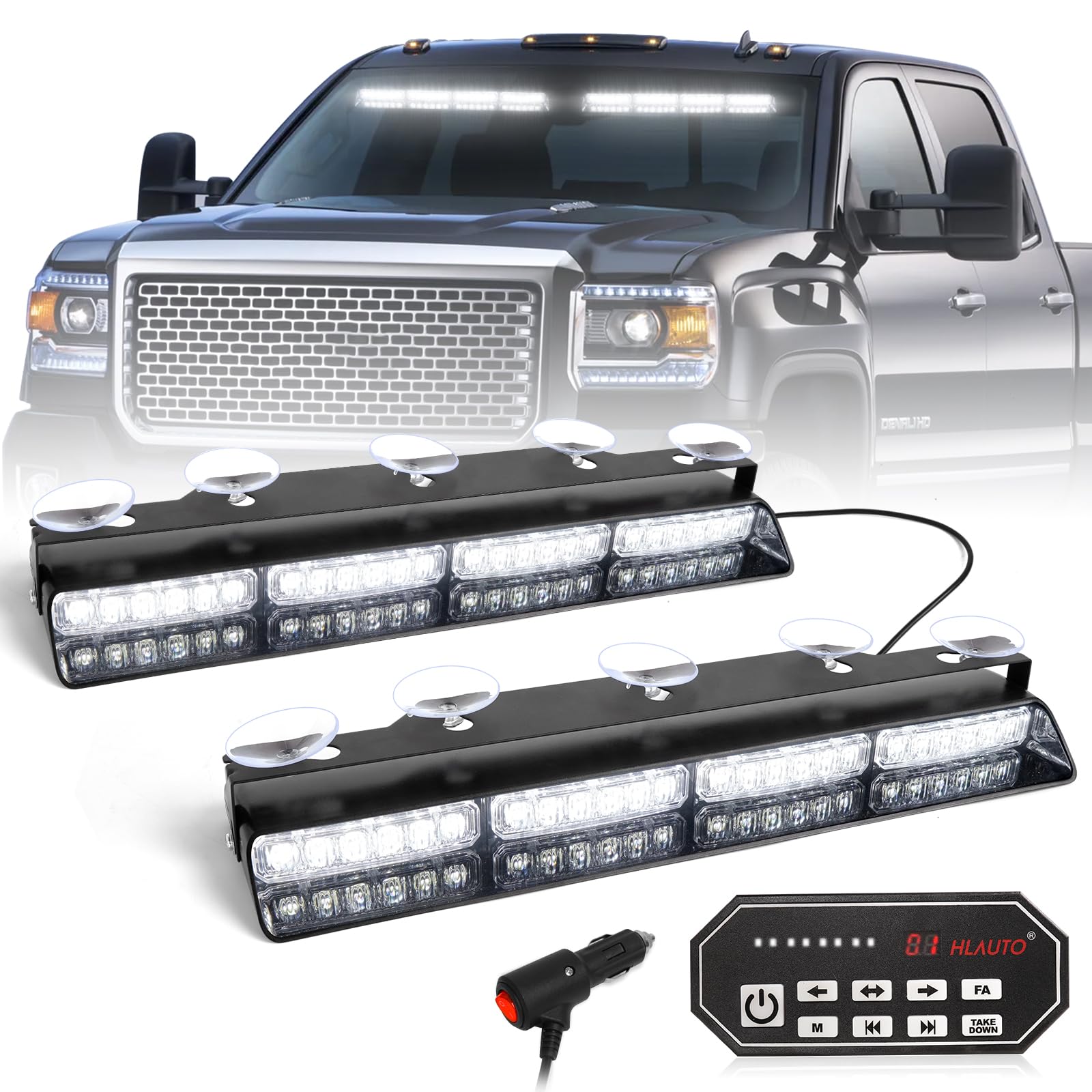HLauto604N Emergency Dash Strobe Lights w/Controller: 2x16.8 inch White Security Light w/Take Down, 48 LED Safety Flashing Warning Hazard Interior Windshield Visor Light Bar for Trucks Vehicles