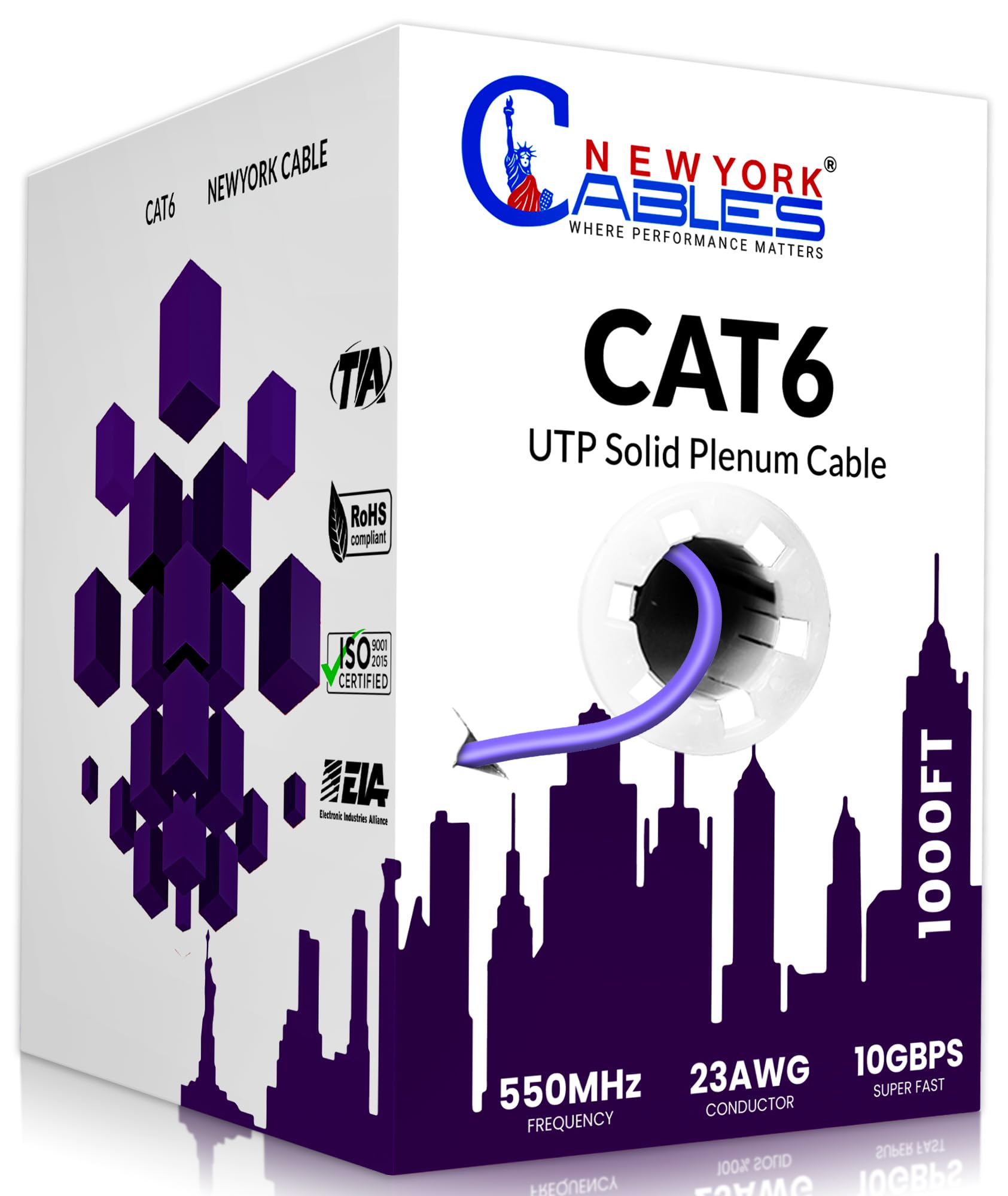 NewYork Cables | CAT6 Plenum Cable 1000ft | UTP, 550MHz, 23AWG, 4Pair 10GB | Most Certified CMP-Rated Fire-Resistant Bulk Cat 6 Ethernet Cable for
