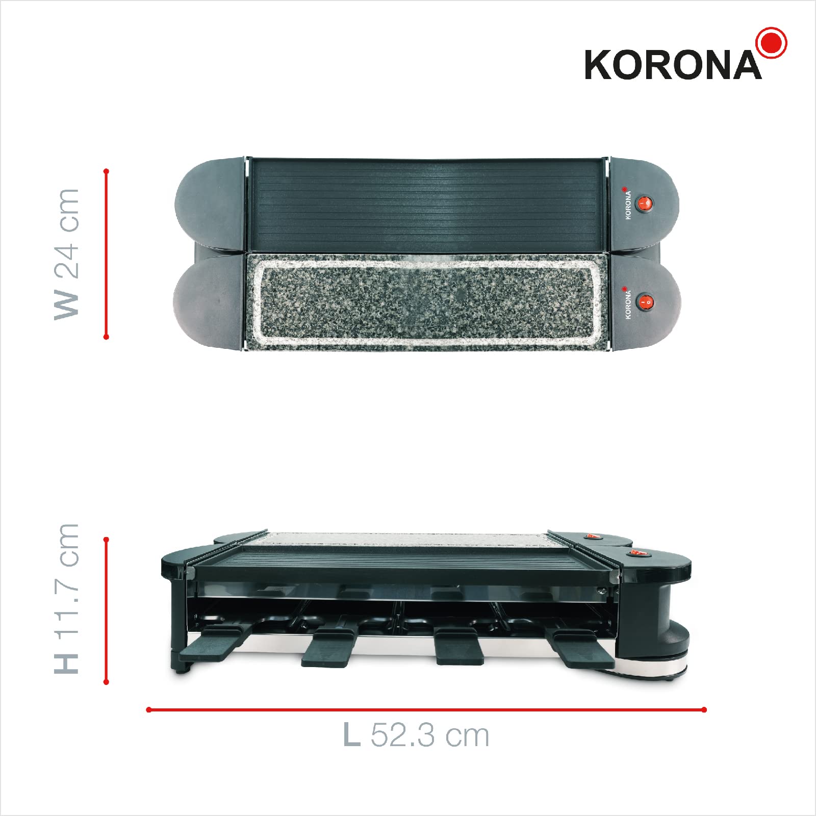 Korona 45071 Drehbares Raclette | Raclette für 8 Personen | Antihaft-Grillplatte | Naturstein | Extra langes Kabel | Inkl. Zubehör, Schwarz