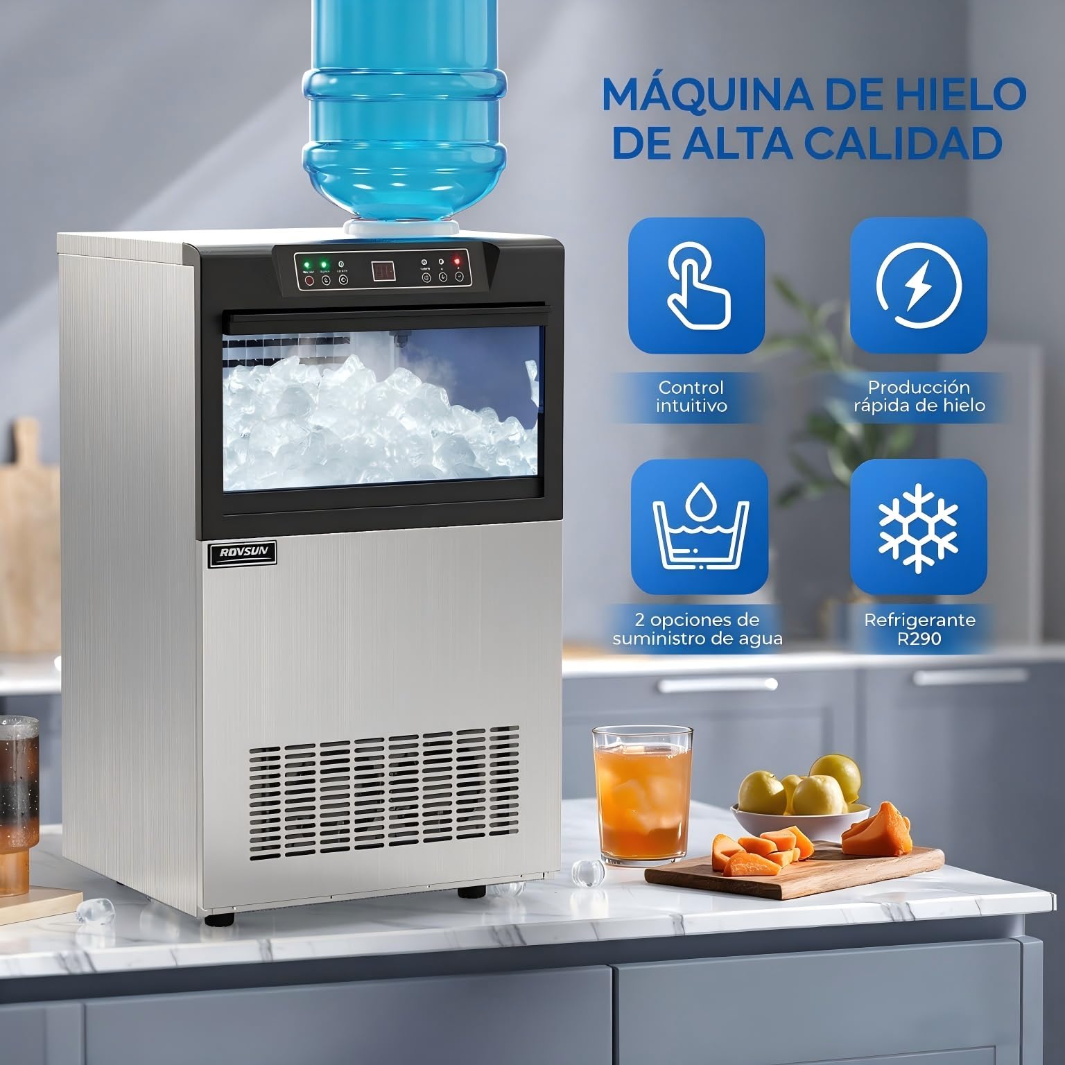 ROVSUN Máquina para Hacer Hielo 50KG/24H, Cubitos 5x10, Cuerpo Acero Inoxidable, Uso Comercial, para Restaurante, Hotel, Bar y Eventos