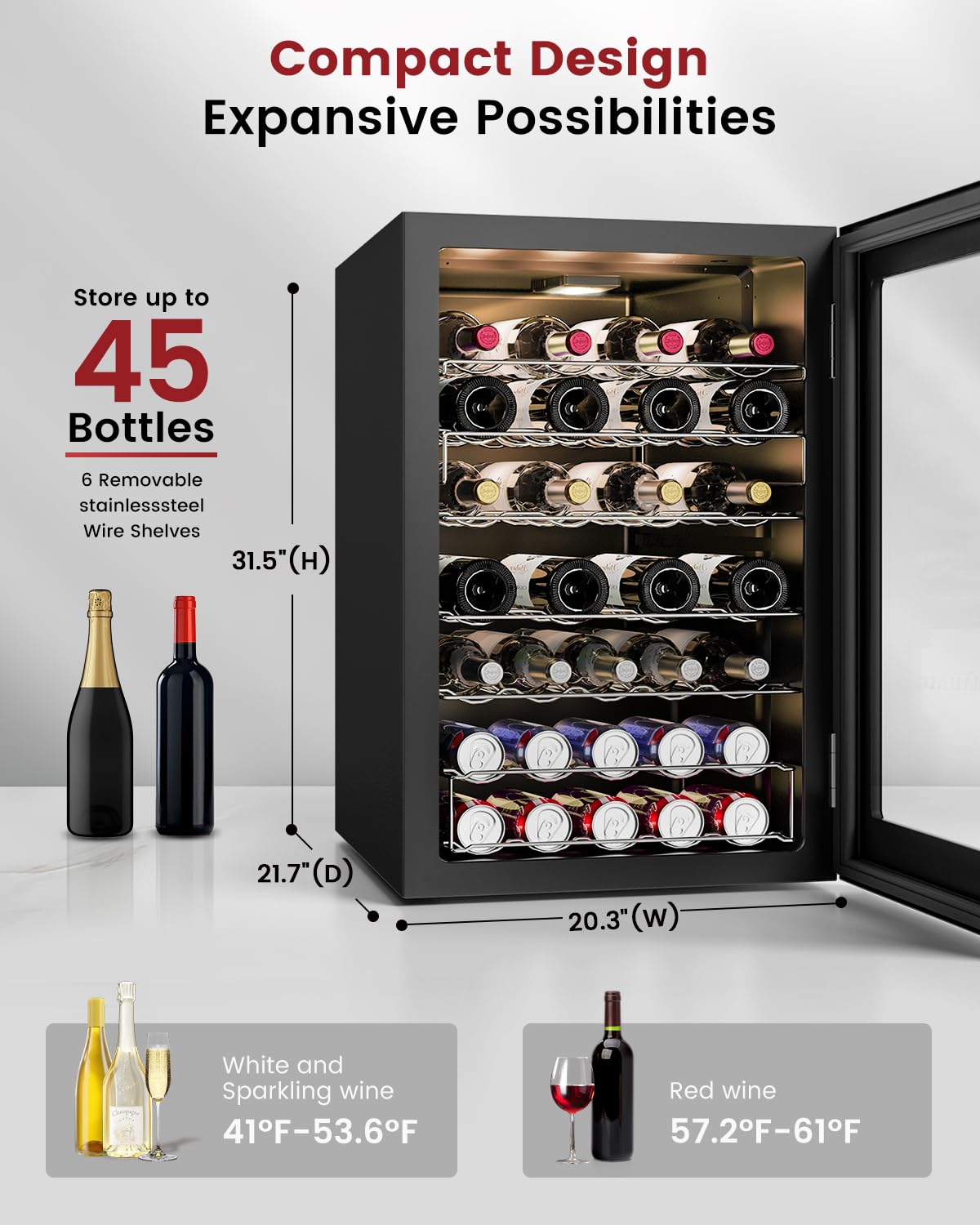 Feelfunn Wine Cooler Refrigerator - 45 Bottle Mini Wine Fridge with Glass Door for Beer Soda Water Drink, Small Wine Cellar Beverage Refrigerator for Bedroom Office Home Bar Dorm, 4.5 Cu.Ft (Black) on Fridge.com