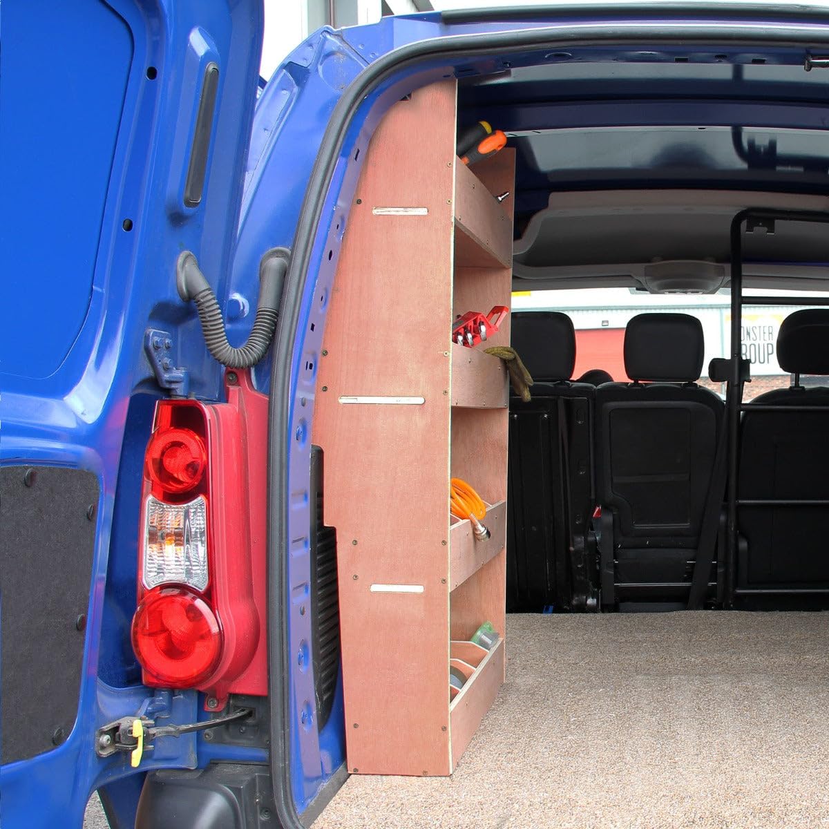 Nissan Primastar Sklejka Van Rack Regał na narzędzia, półka na narzędzia, półka na narzędzia, regał, regał, organizer, zdejmowane przegrody, strona kierowcy i pasażera, 4 półki, 16 przegródek, 116 x 67,5 x 28,5 cm