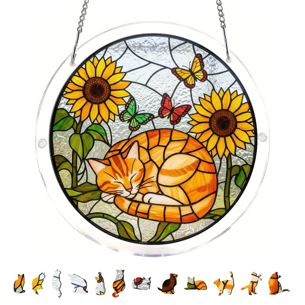 83 Pieces Hanging Acrylic Suncatcher Puzzle,DIY Acrylic Jigsaw Puzzle for Adults, 2mm Transparency Acrylic, Acrylic Suncatcher Puzzles for Doors Garden Window (Sunflower Cat, 8.2 Inches)